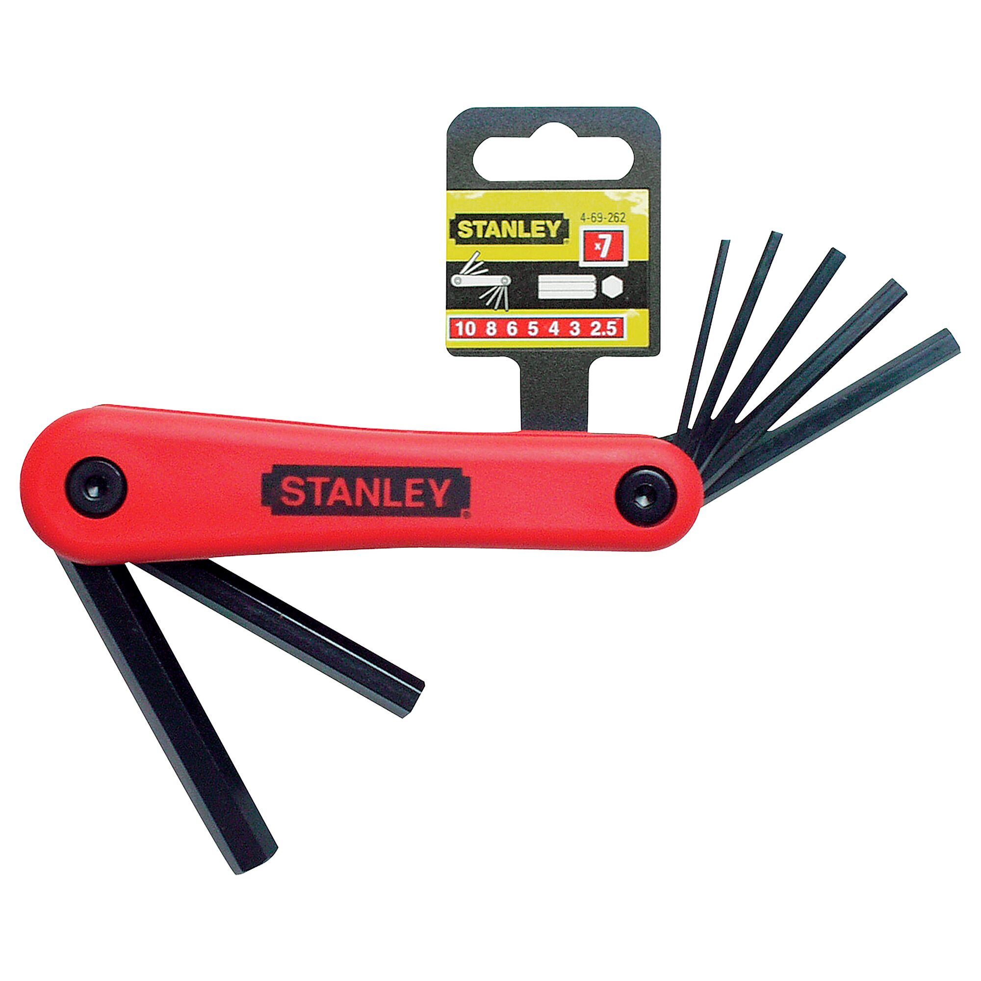 STANLEY 69-262 hex key set with red handle, multiple black keys extended, front angle, photography.
