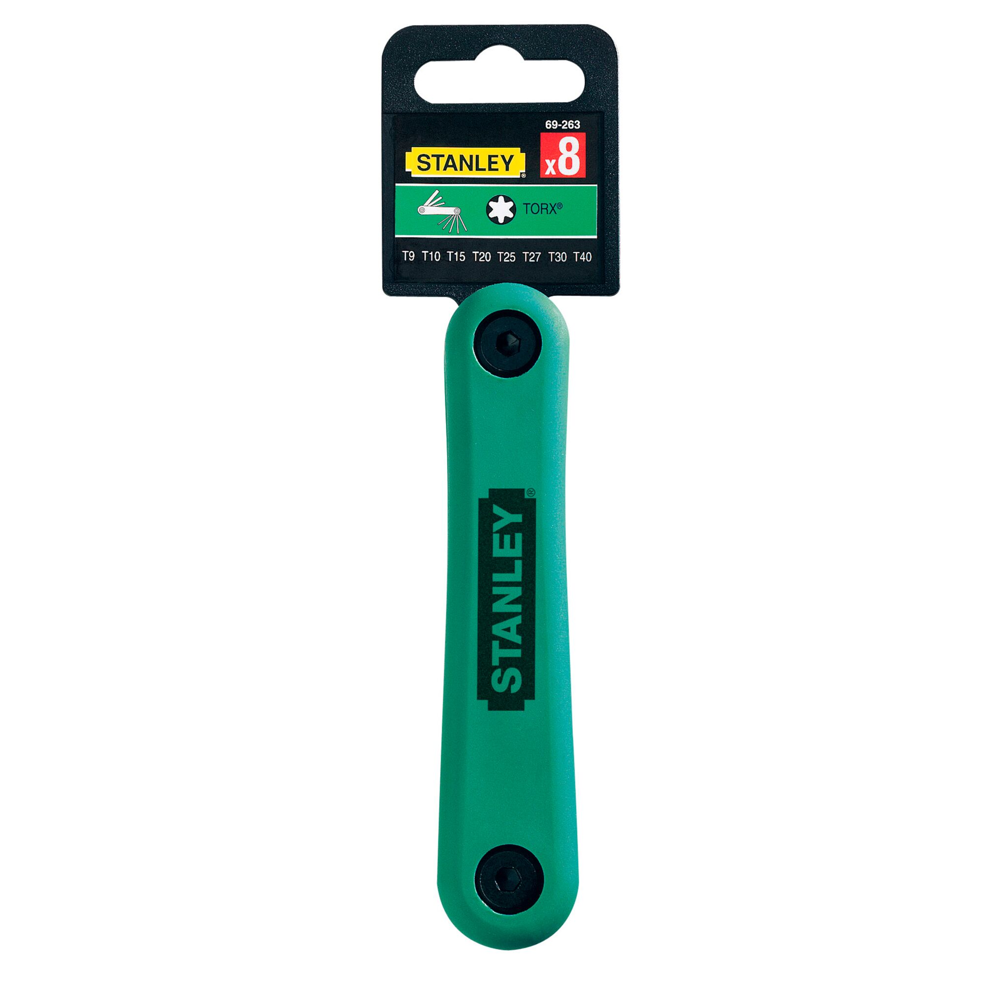 STANLEY 69-263 green Torx key set photography, front angle, plastic handle, 8 sizes visible.