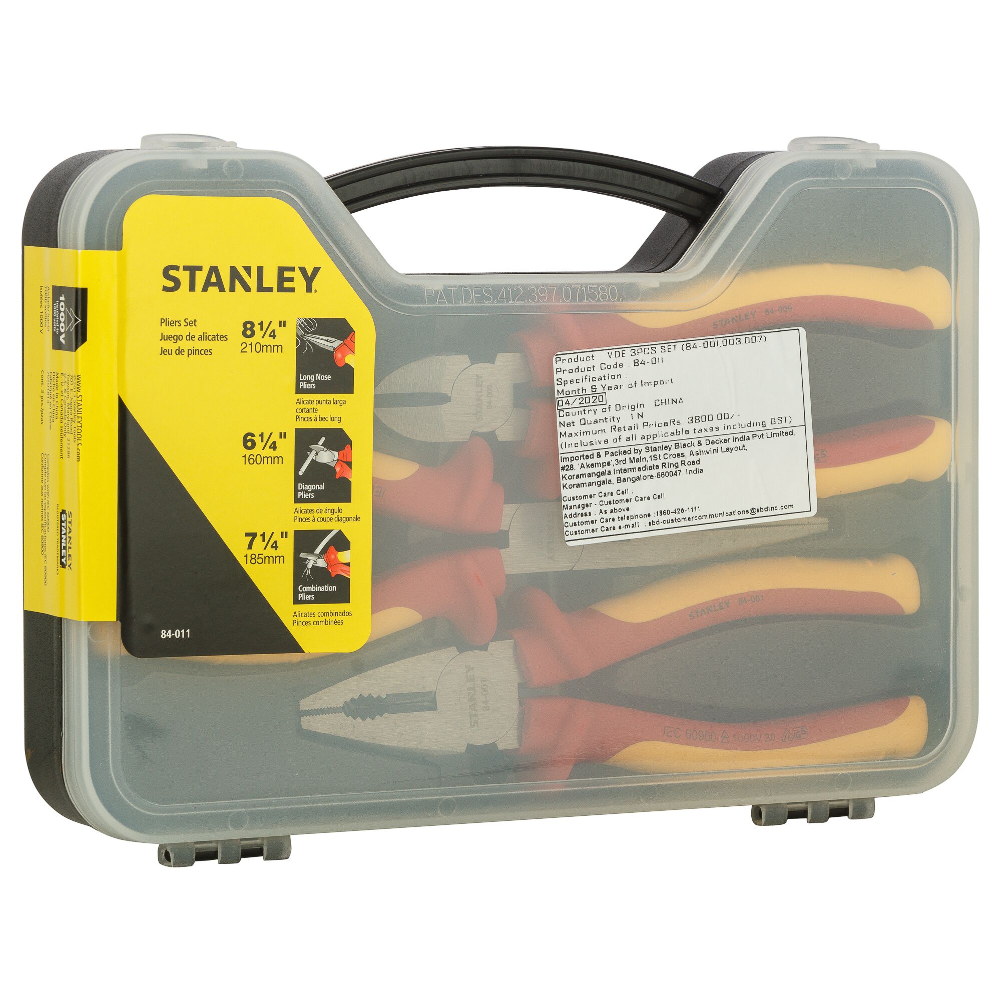 STANLEY 84-011 pliers set in clear plastic carrying case, three pliers with yellow and red handles, front angle.