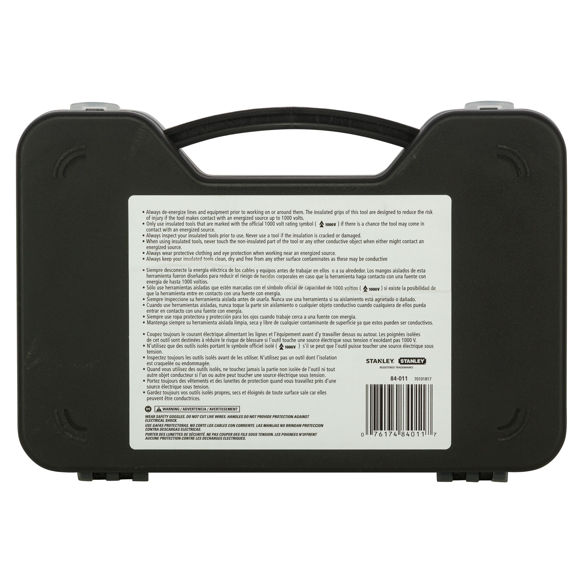 Photo of STANLEY 84-011 hard plastic tool case, black with handle, rear label showing instructions and barcode.