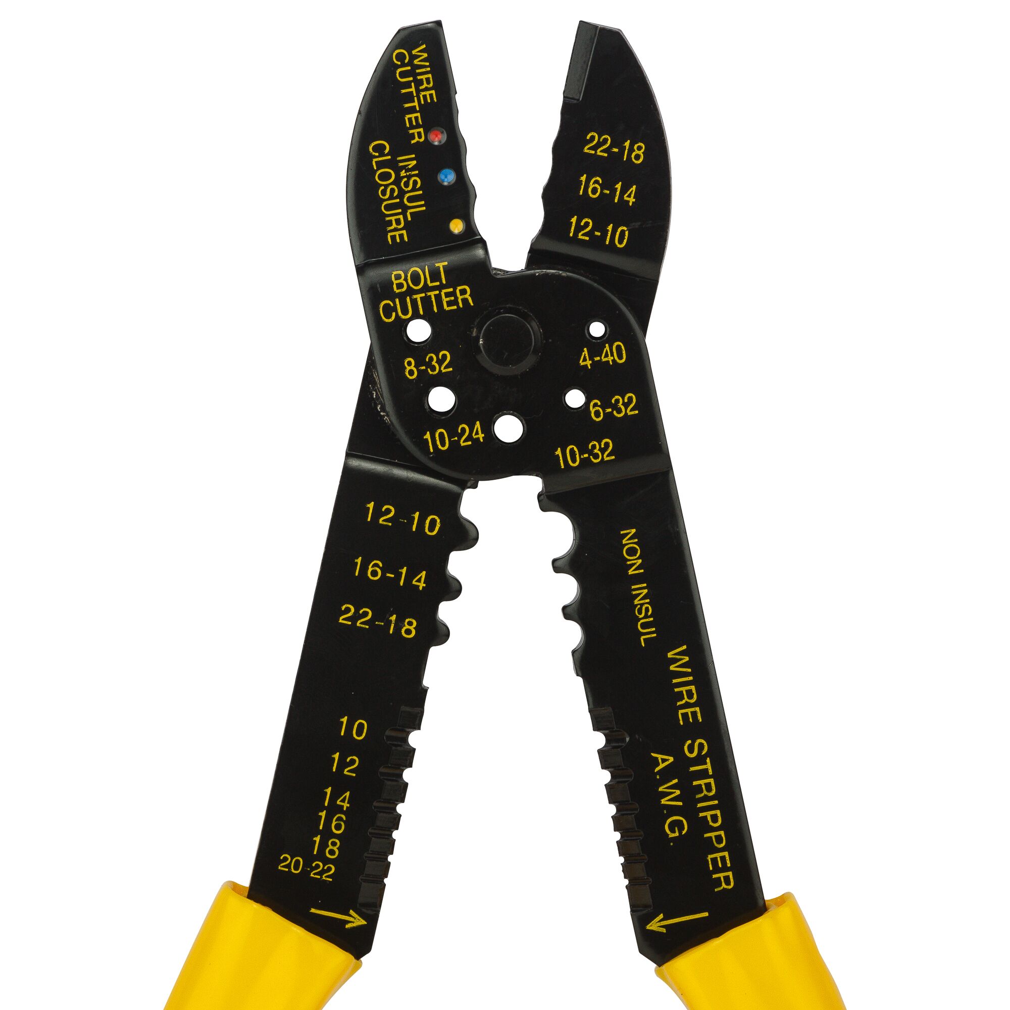 STANLEY 84-223-22 wire stripper with yellow handles, close-up on front showing measurement markings and cutting features.
