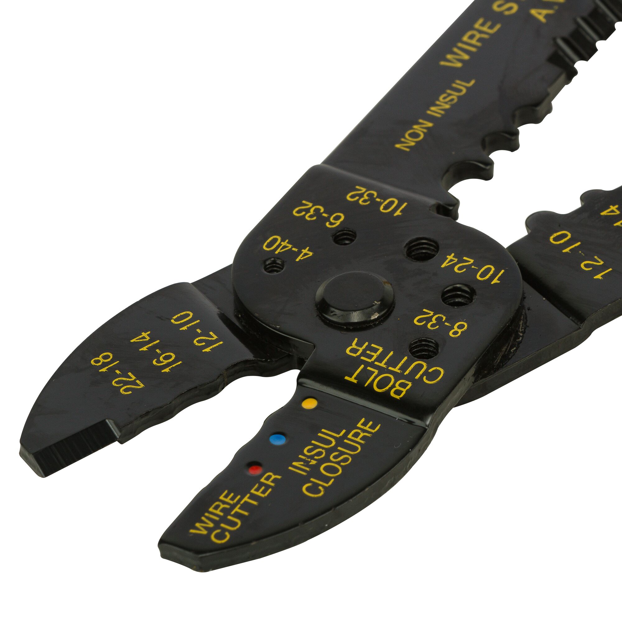 STANLEY 84-223-22 multi-function wire stripper and cutter, close-up angle on white background.