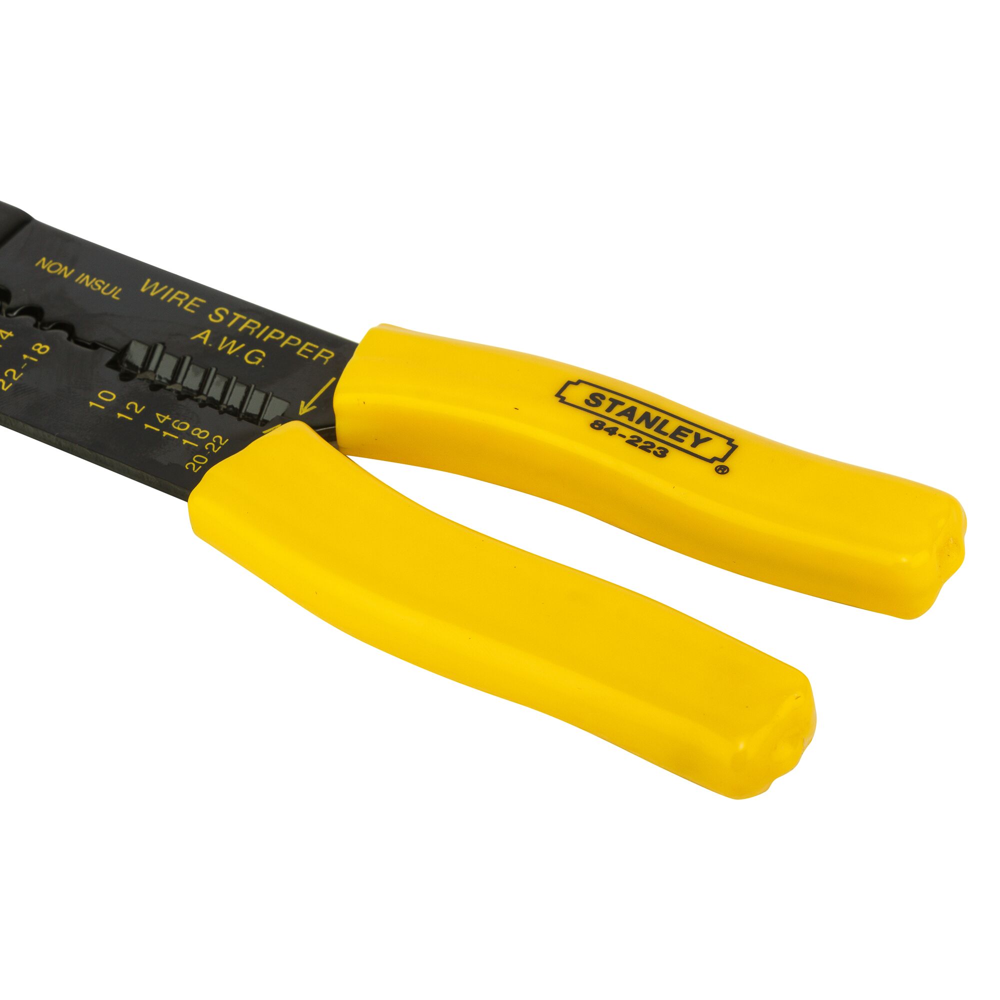 STANLEY 84-223-22 wire stripper with yellow handles, close-up side angle on white background.