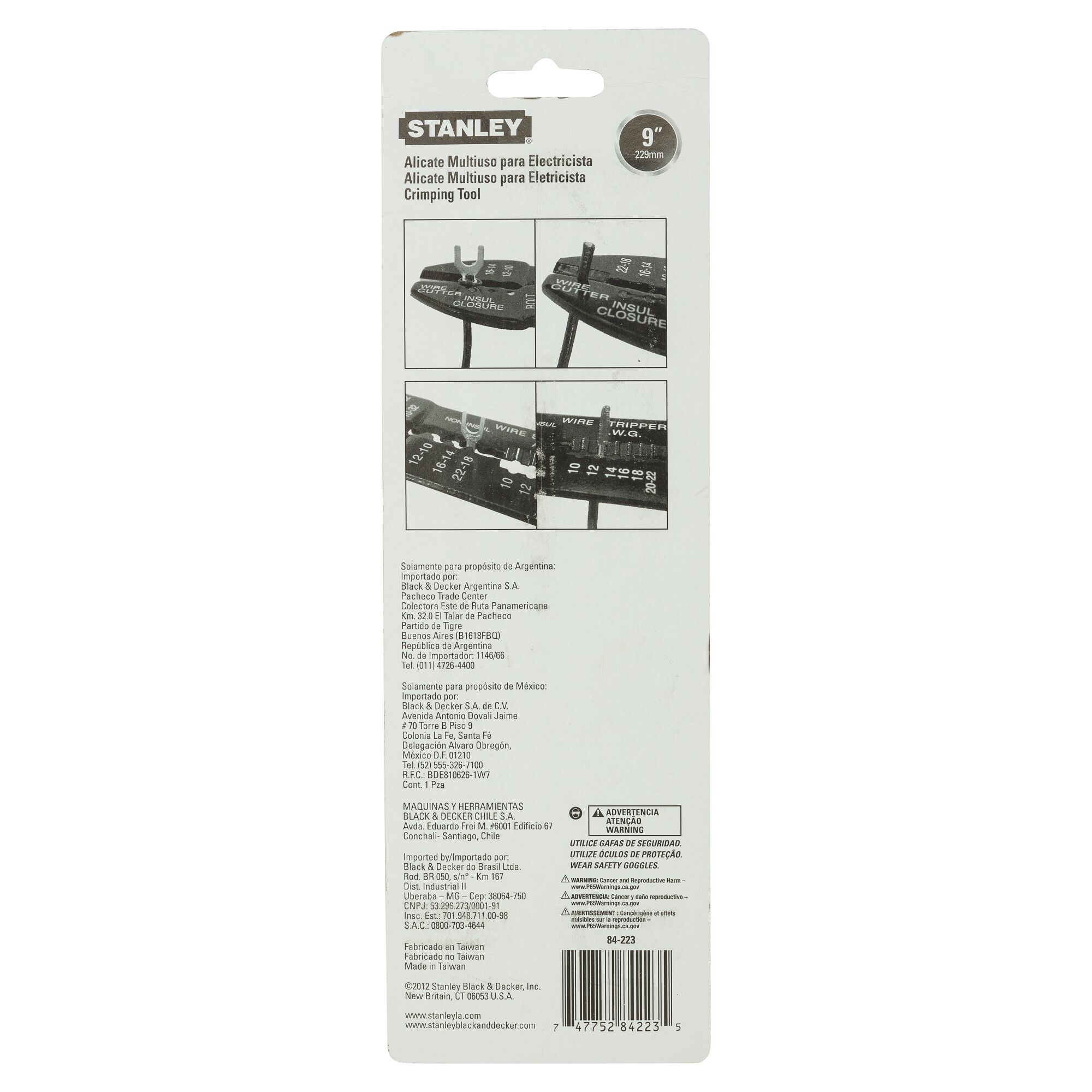 STANLEY 84-223-22 crimping tool packaging, rear view, with product details, diagrams, and safety information.
