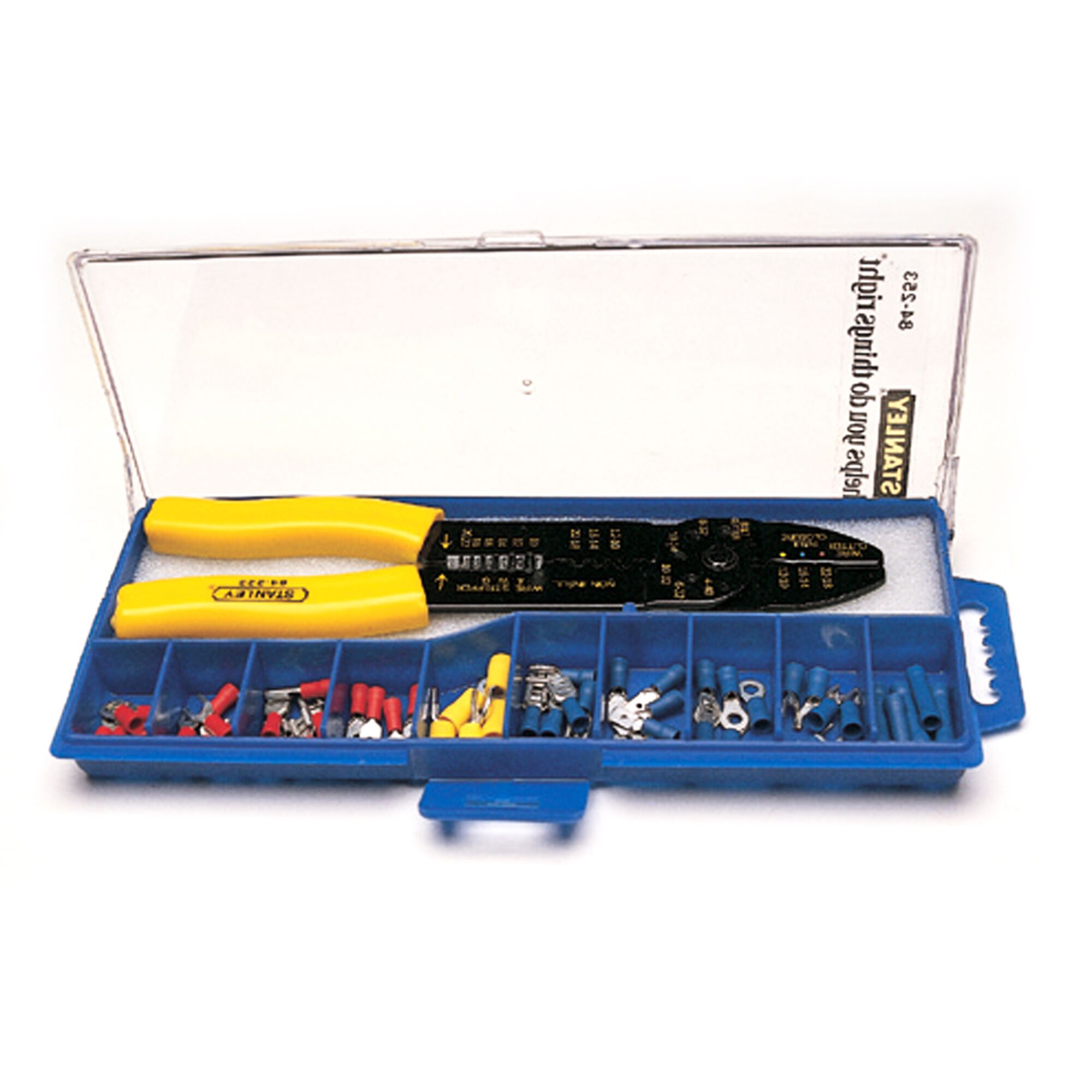 Photo of STANLEY 84-253-22 wire stripper kit with yellow-handled tool and assorted connectors in blue case, top view.