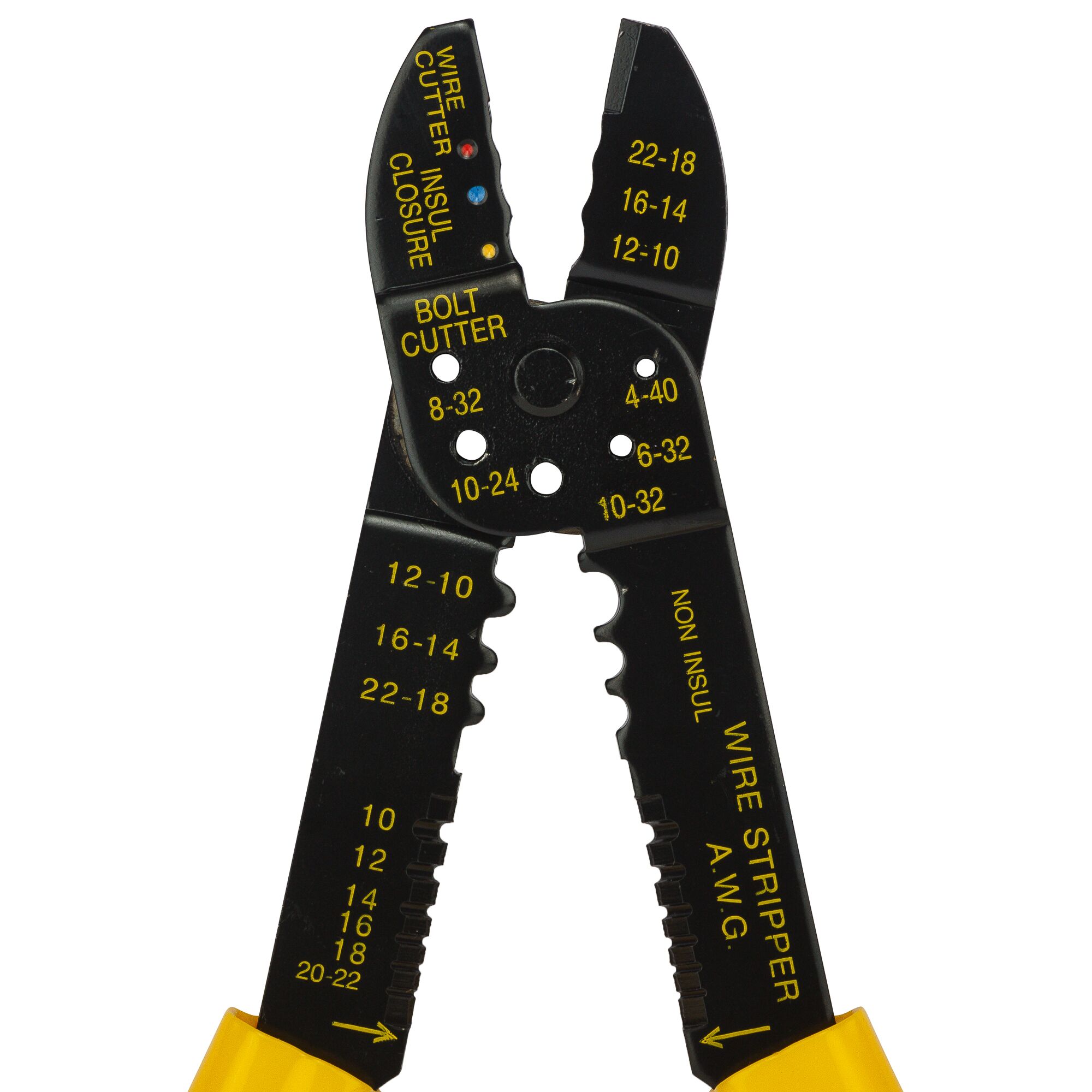 STANLEY 84-253-22 wire stripper with yellow handles, bolt cutter and wire gauge markings, front angle.