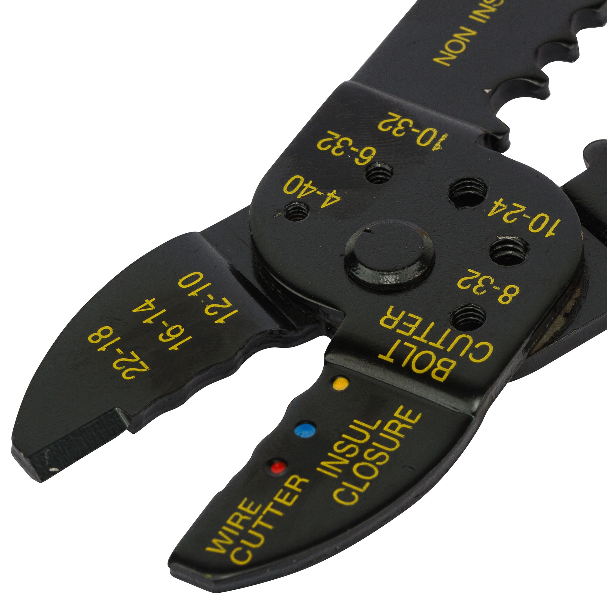 STANLEY 84-253-22 wire stripper and cutter, close-up, black metal tool with yellow markings for wire sizes.