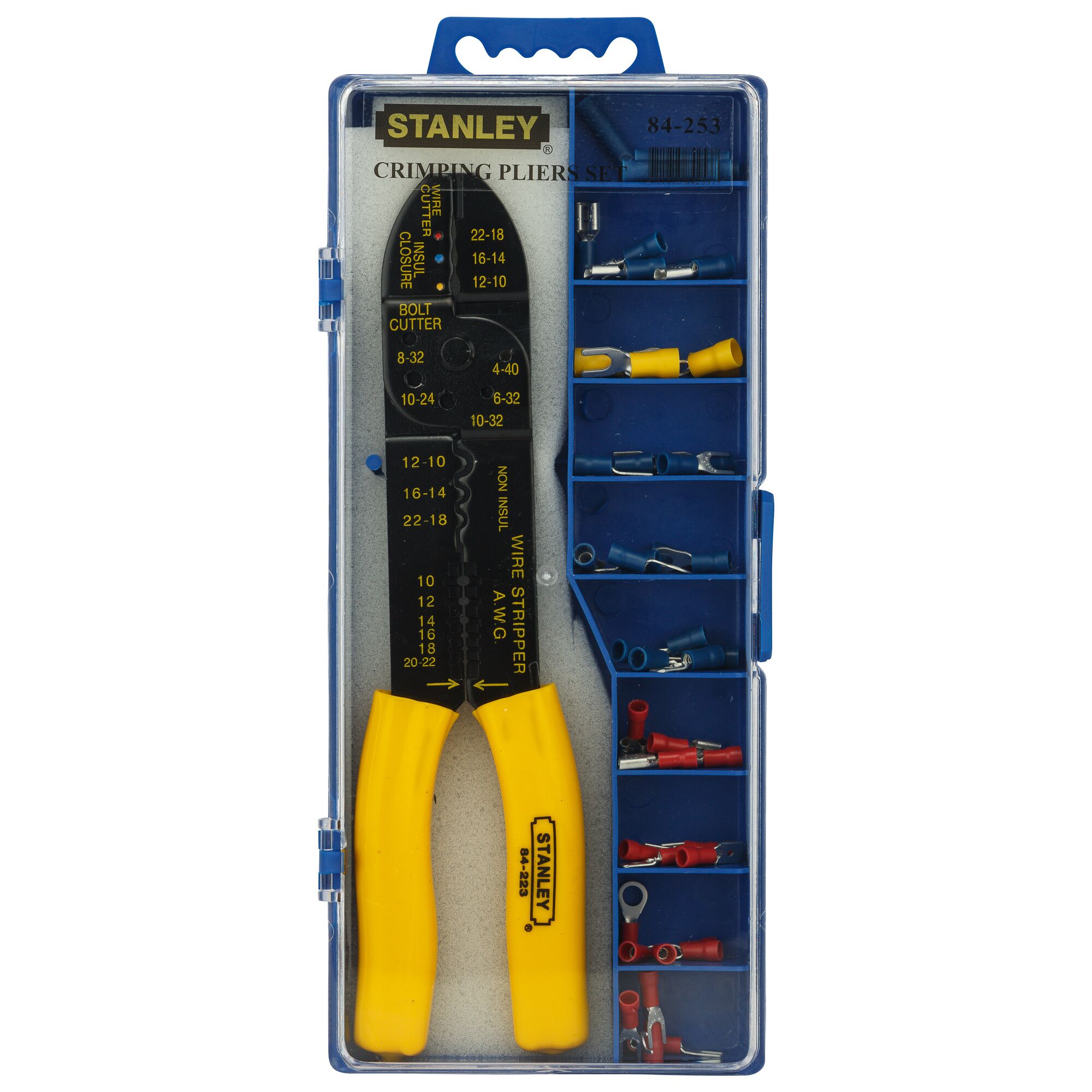 STANLEY 84-253-22 crimping pliers set with yellow-handled tool and assorted connectors in a clear plastic case, top view.