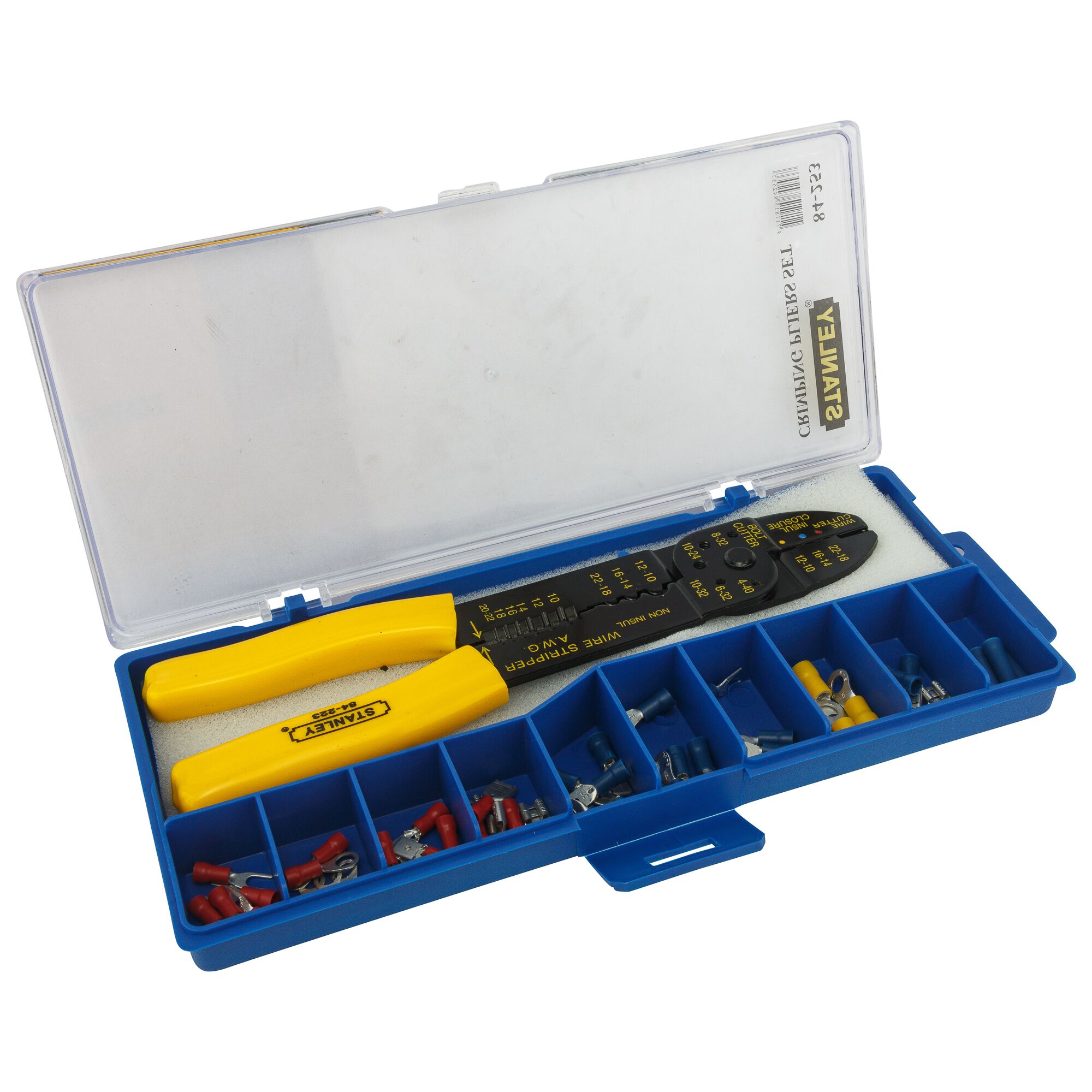 STANLEY 84-253-22 wire stripper kit with yellow handles and assorted connectors in blue case, angled view