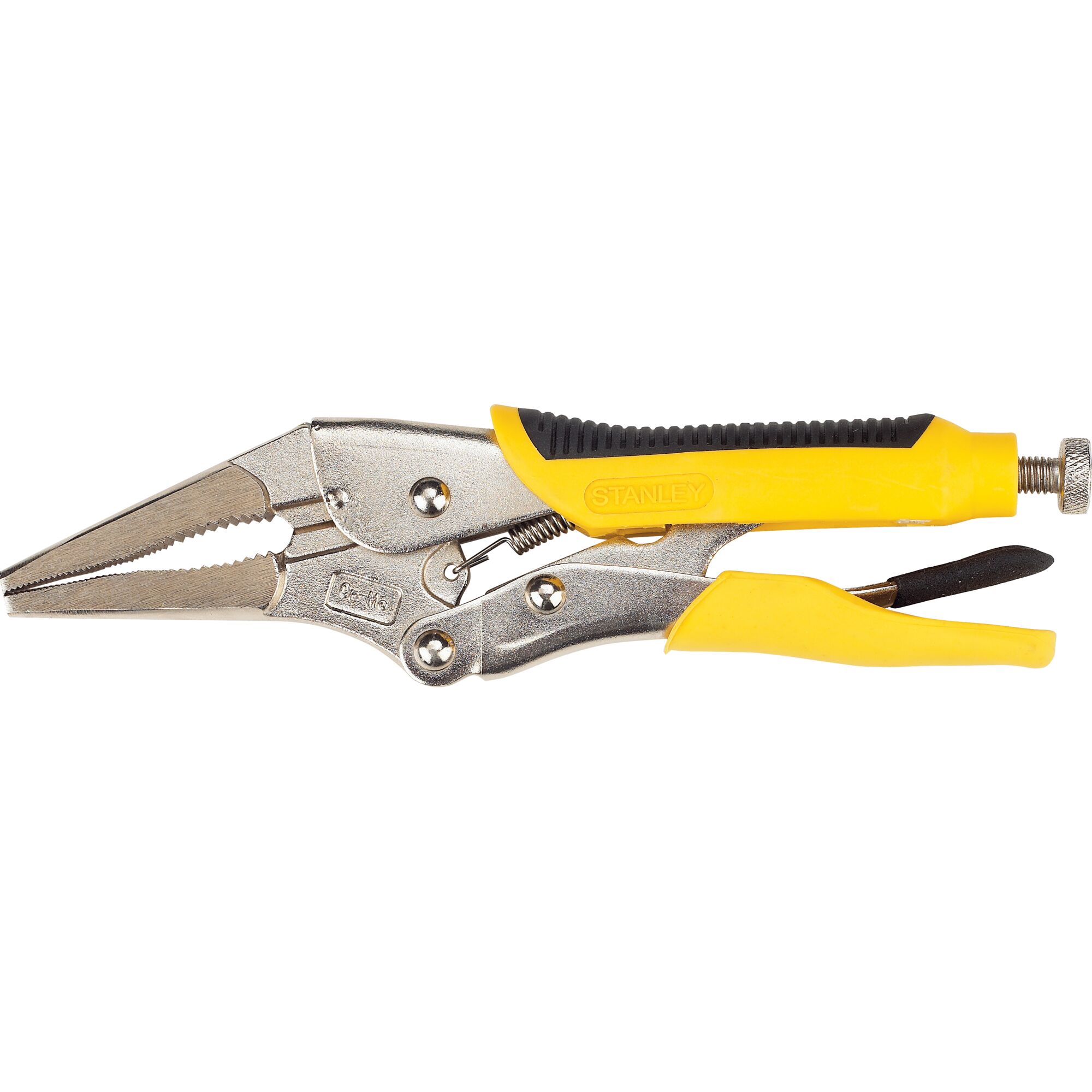 STANLEY 84-389 locking pliers, yellow and silver, long nose type, side angle on white background.