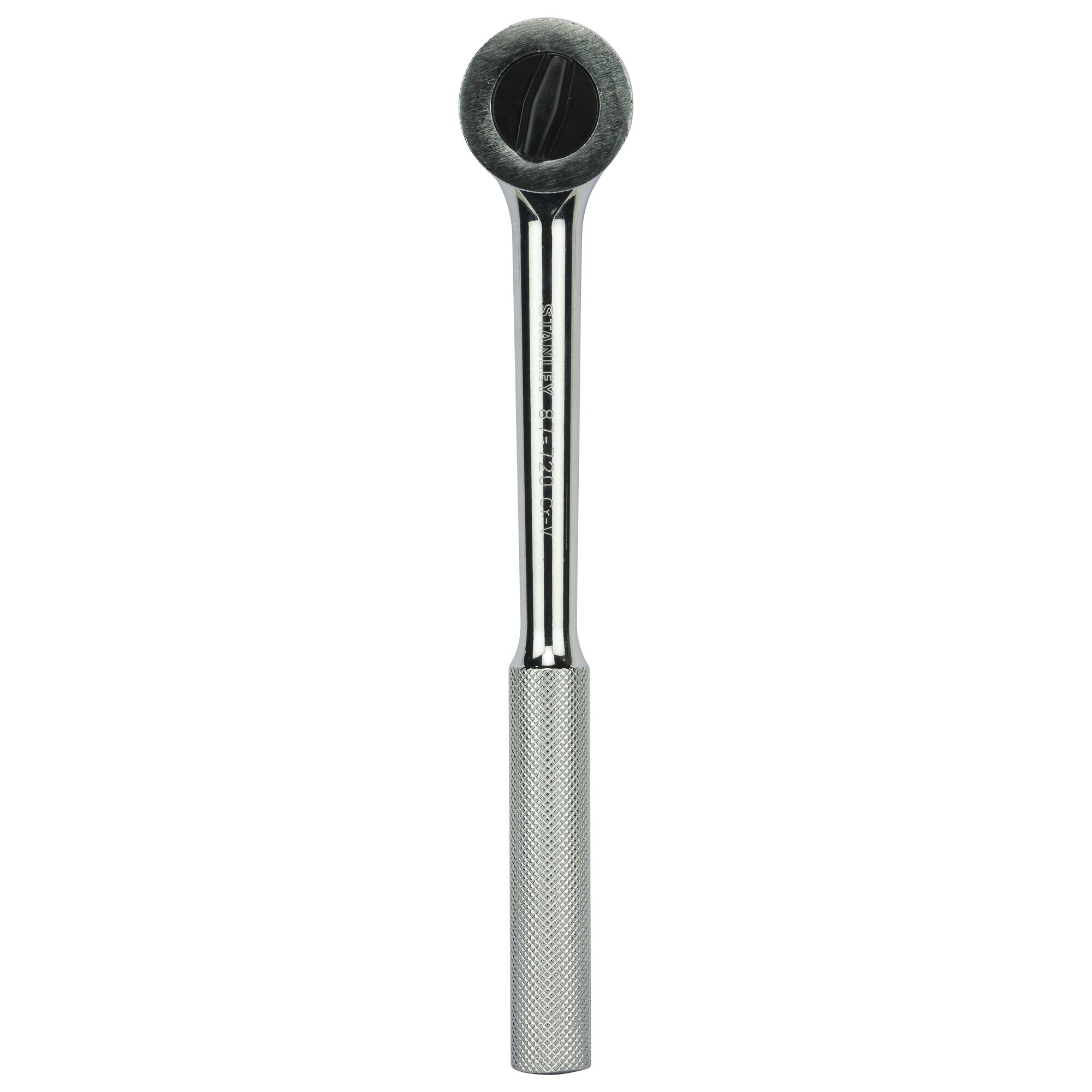 Photo of STANLEY 86-477 ratchet handle tool with knurled grip, chrome finish, front angle on white background.