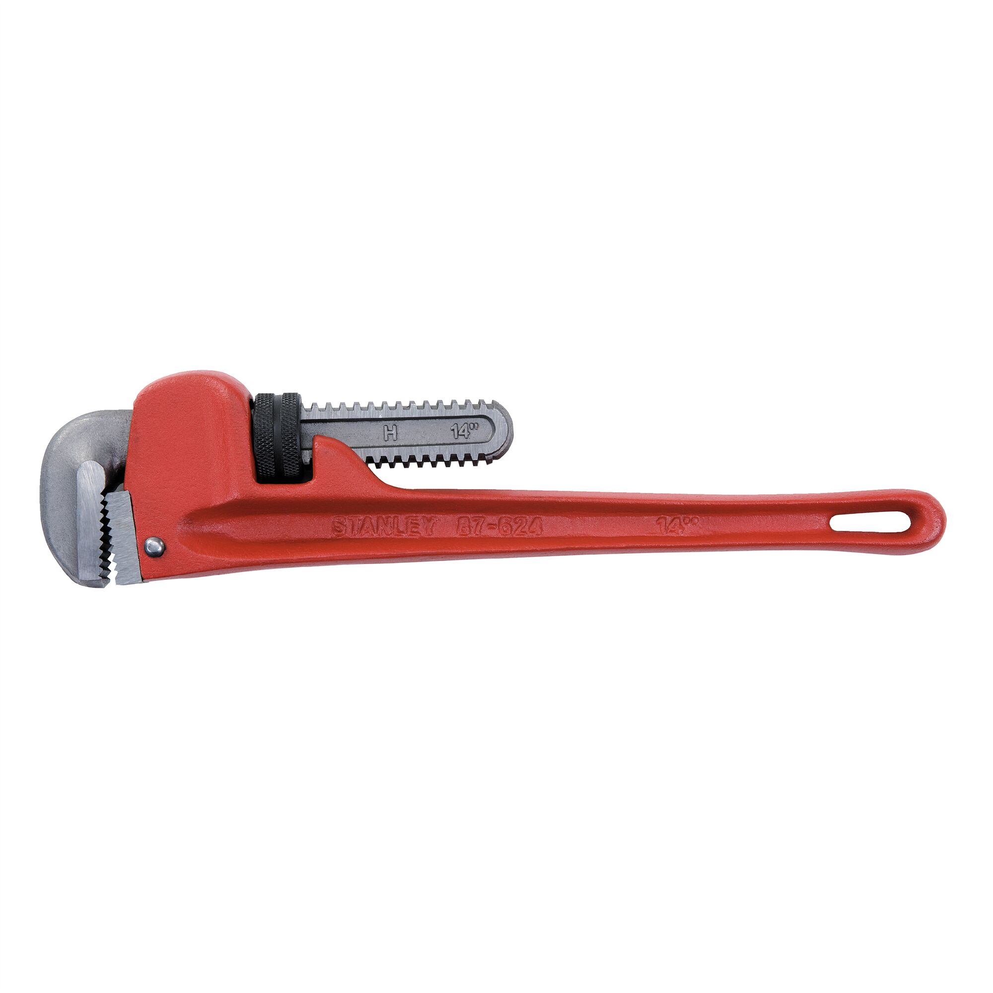 Photo of STANLEY 87-624 red pipe wrench, side view, metal jaw and long handle, on white background.