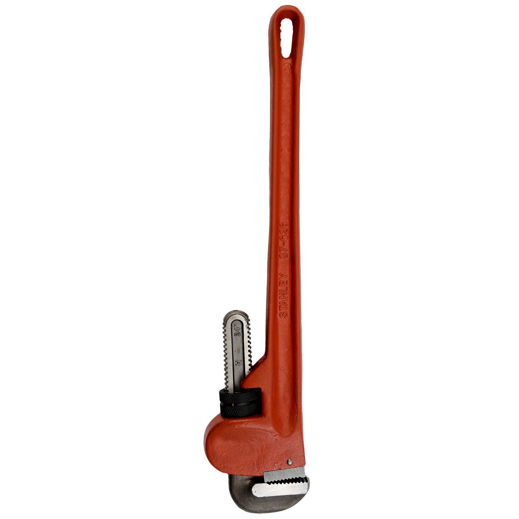STANLEY 87-626 pipe wrench, red, side angle, steel jaws, tool category photography.