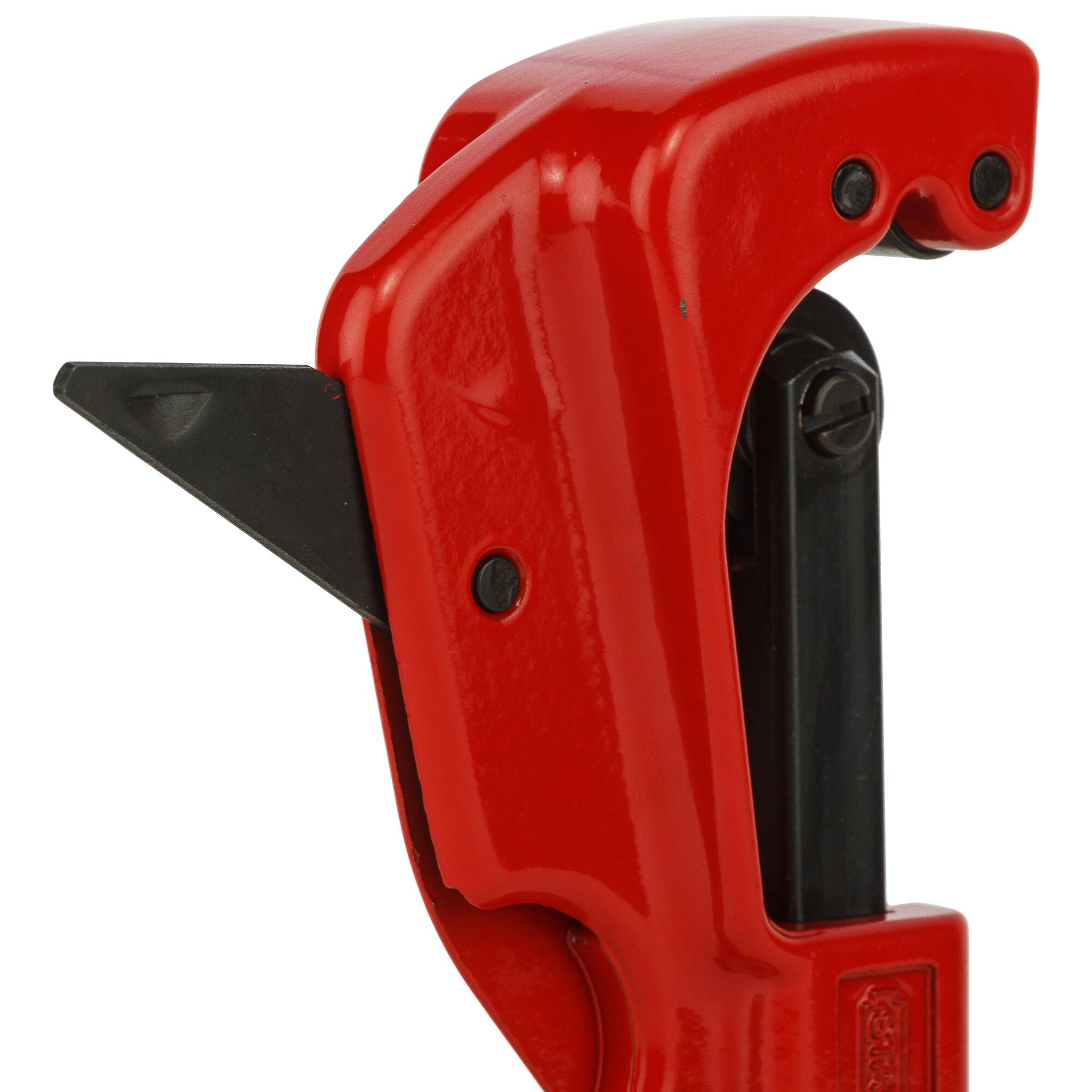 STANLEY 93-021-22 red pipe cutter with visible cutting wheel, close-up on white background.