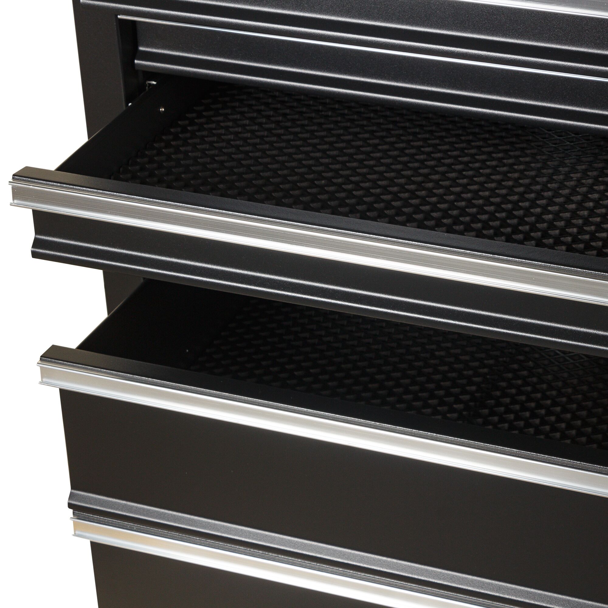 STANLEY 93-547-23ID black tool chest drawers with silver handles, shown open, angled front view.