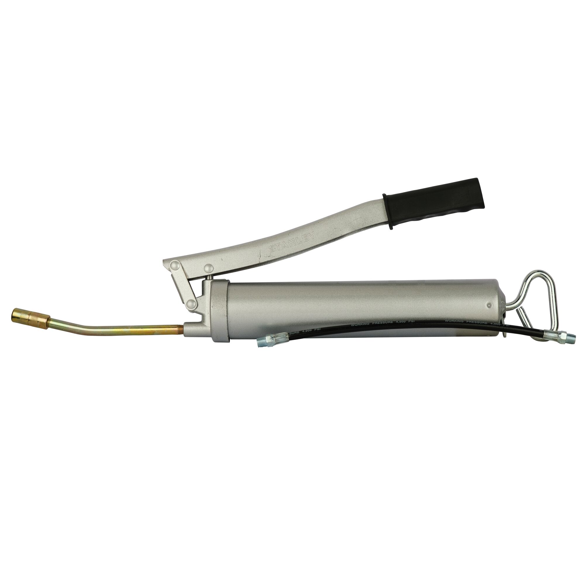 STANLEY 95-385-2V metal grease gun with black handle, shown in side view, white background.