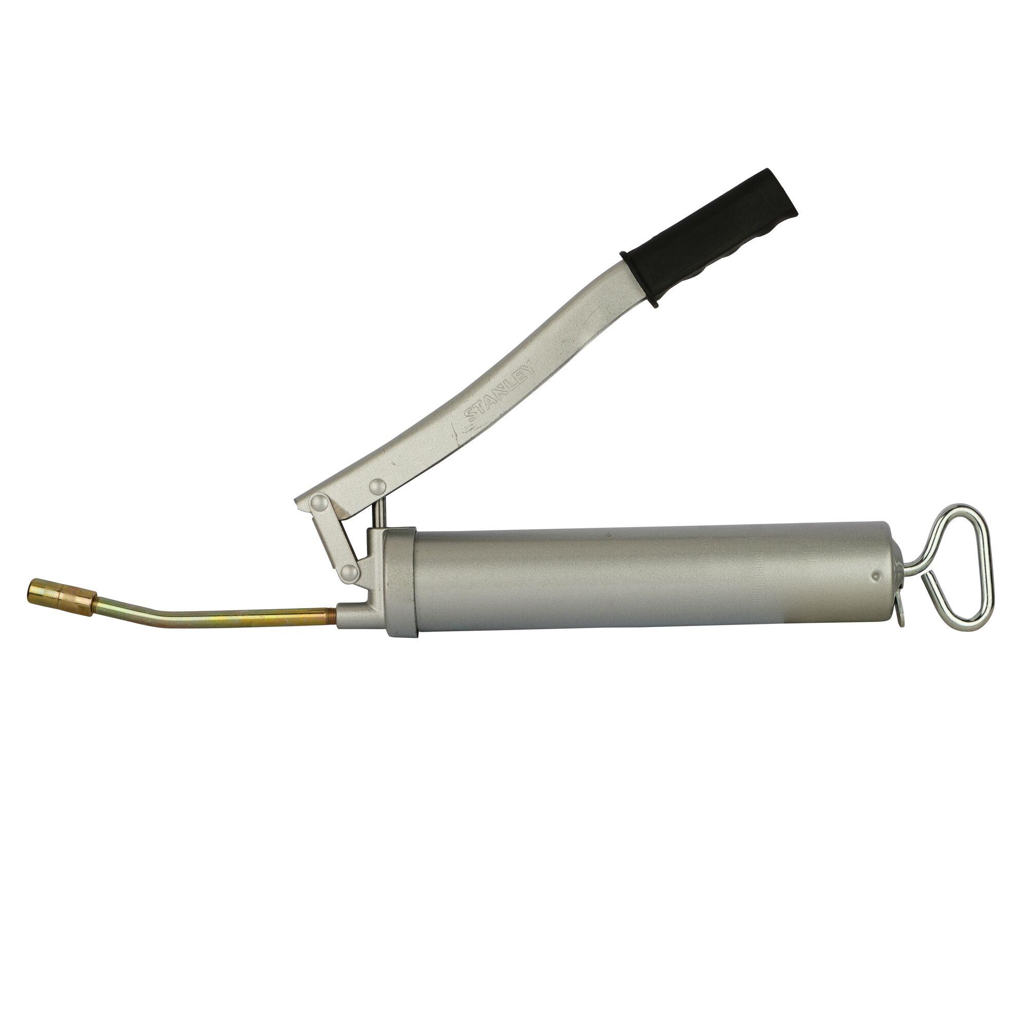 STANLEY 95-385-2V lever grease gun, silver metal body, black handle, side angle, white background.
