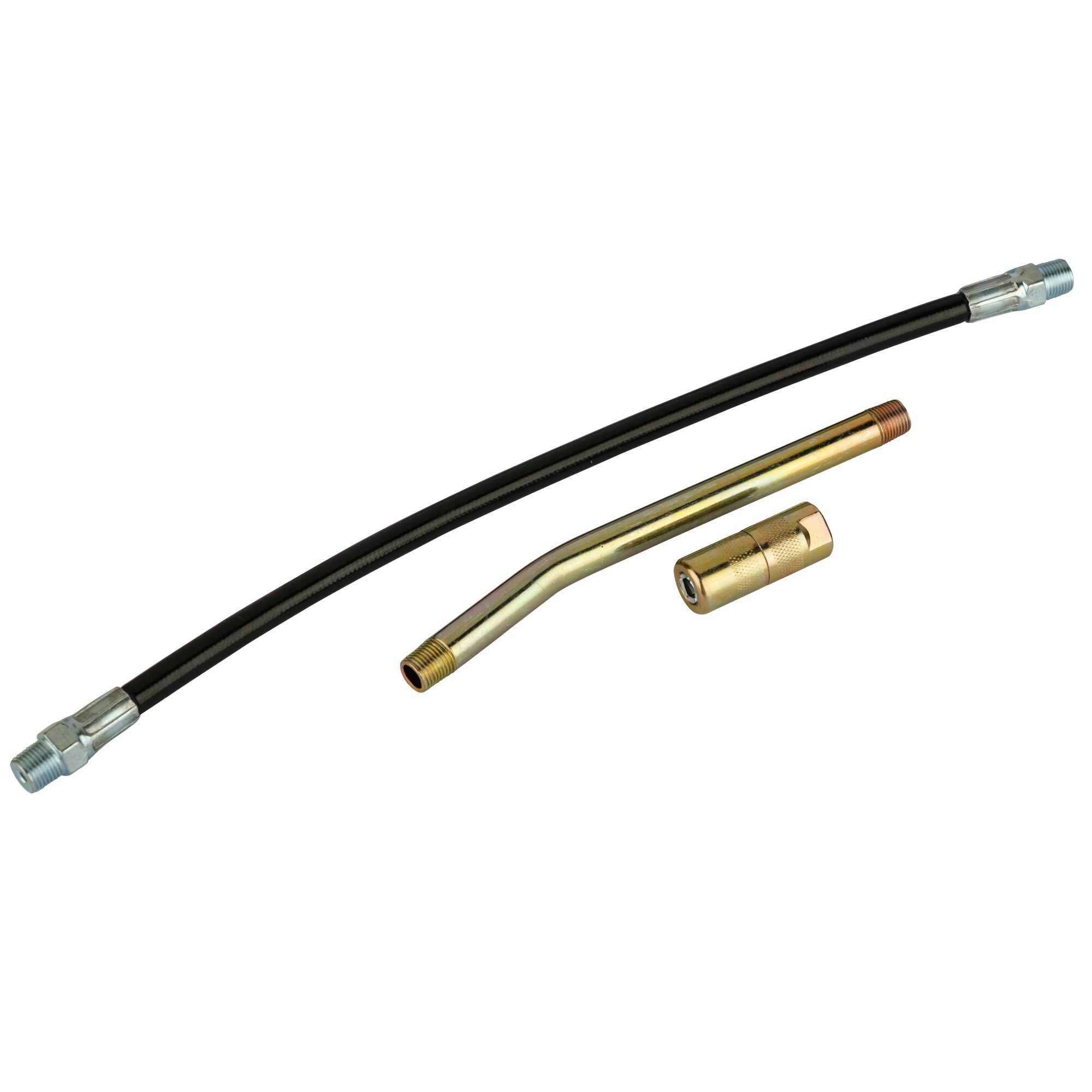 STANLEY 95-385-2V grease gun hose and nozzle set, black flexible hose and two gold metal fittings, top view.