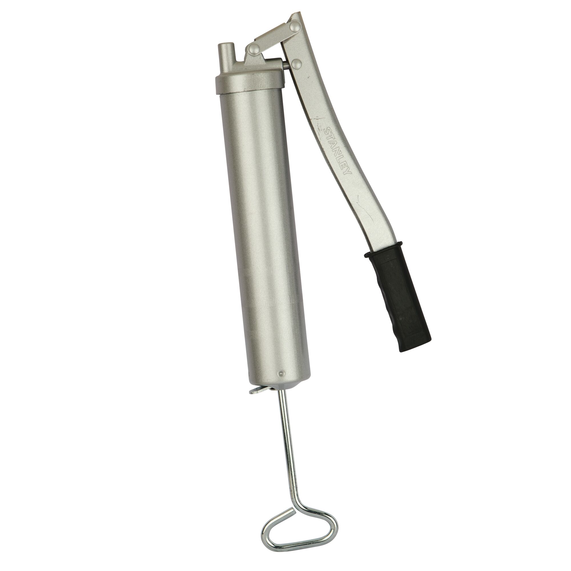 STANLEY 95-385-2V grease gun with lever handle, silver metal body and black grip, side angle on white background.