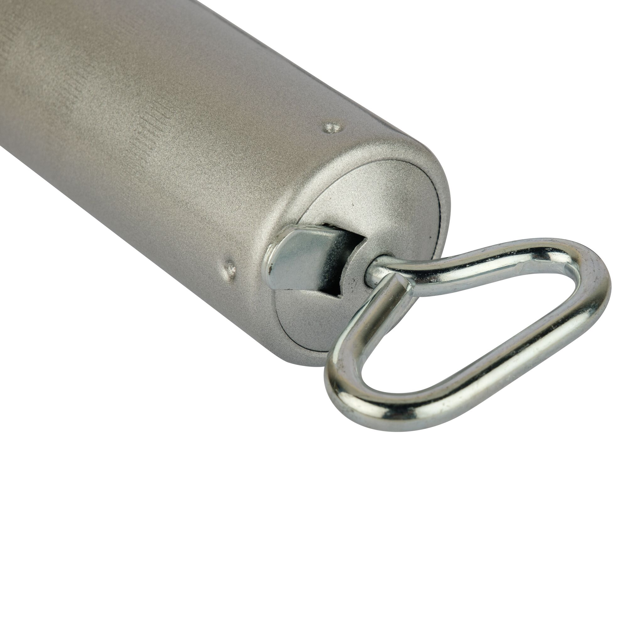 Close-up photo of STANLEY 95-385-2V cylindrical metal scale with hook, white background, photography category.