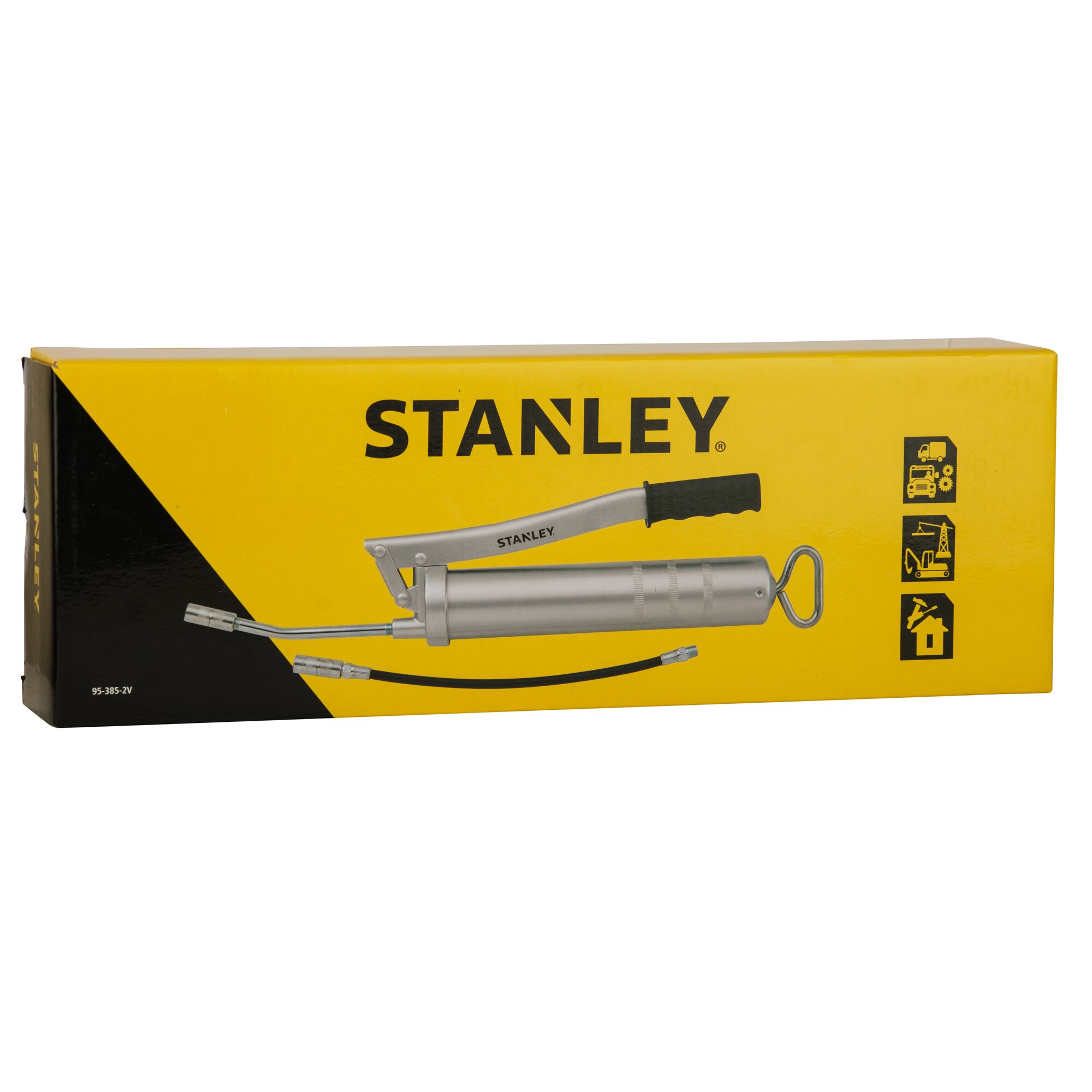 Stanley 95-385-2V grease gun photo, side view on yellow packaging, tool category.