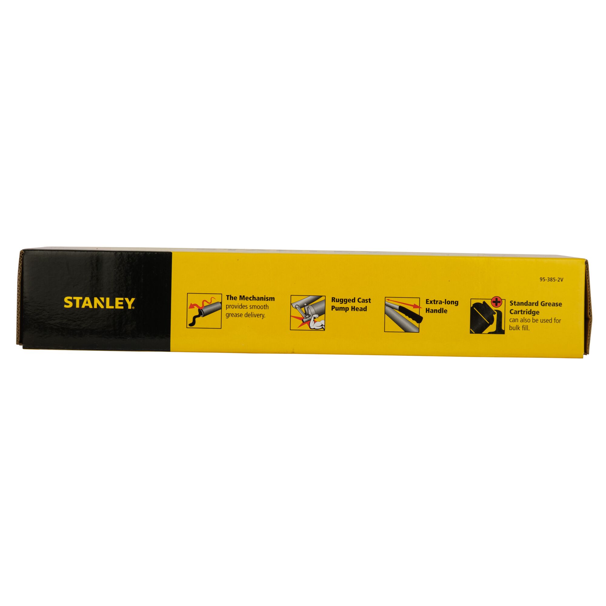 Photo of STANLEY 95-385-2V product box with yellow and black design showing key features, side angle.