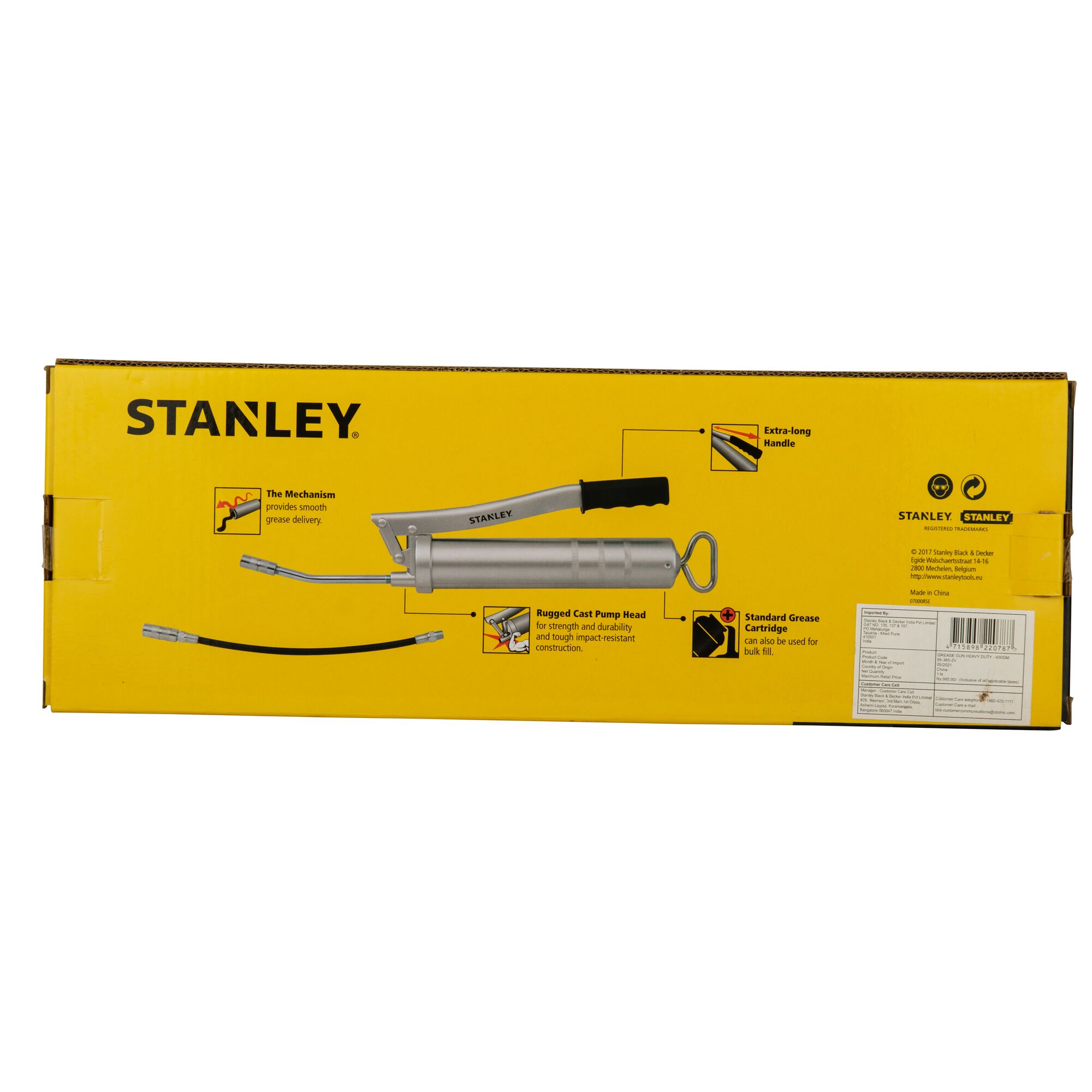 STANLEY 95-385-2V grease gun packaging, yellow box with product illustration and features, front angle.
