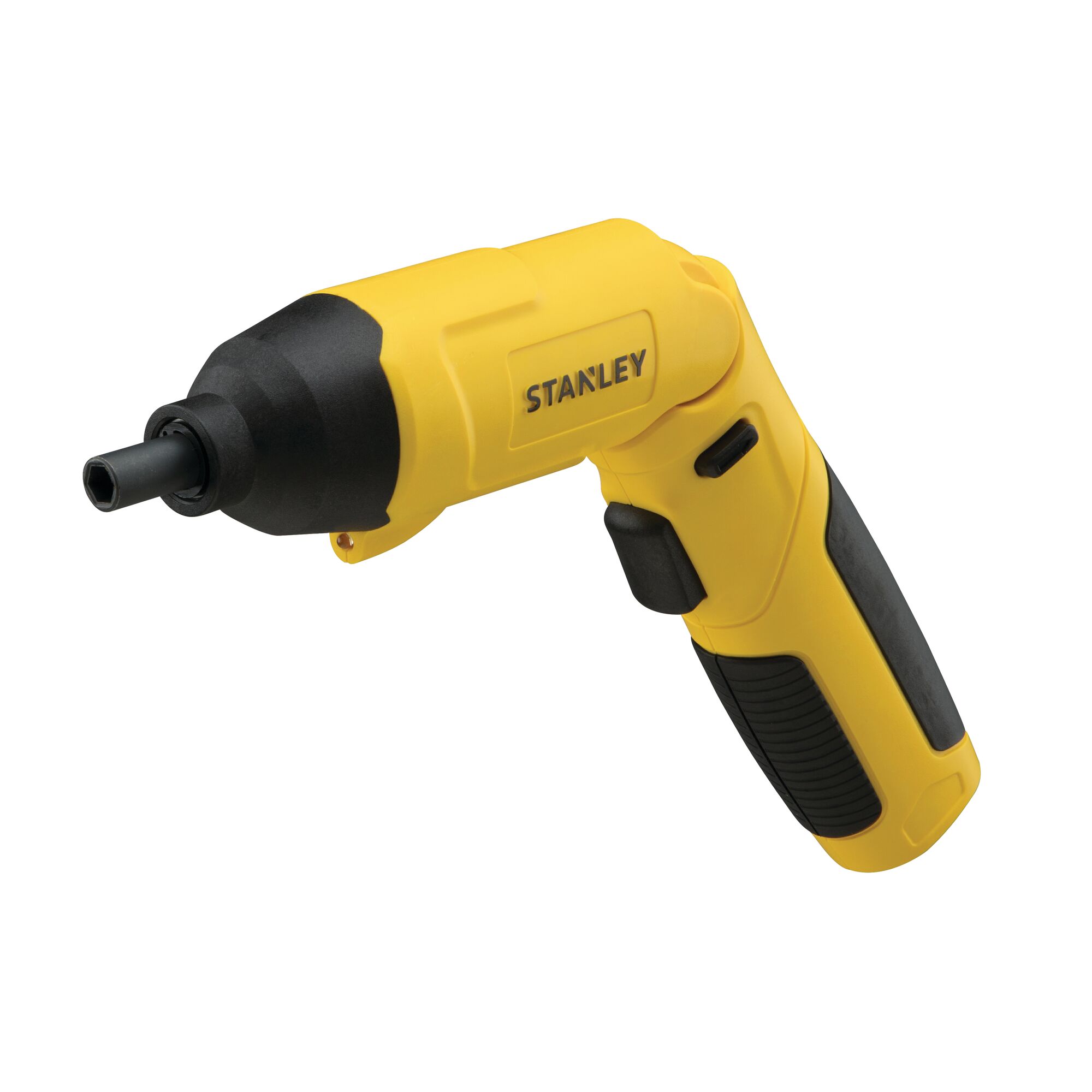 Photo of STANLEY SCS4K cordless screwdriver, yellow and black, side angle on white background.
