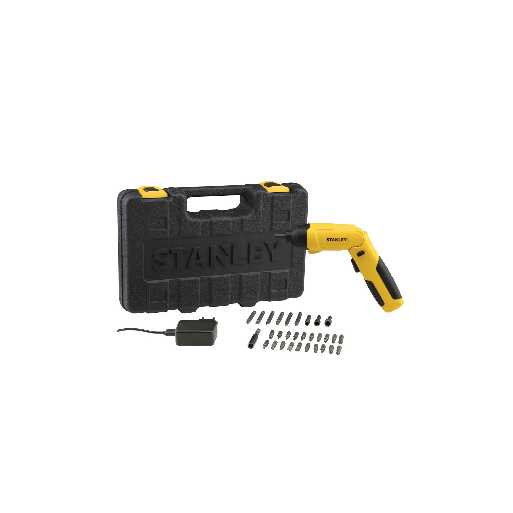 Stanley SCS4K yellow cordless screwdriver kit with black case, charger, and multiple bits, front angle.
