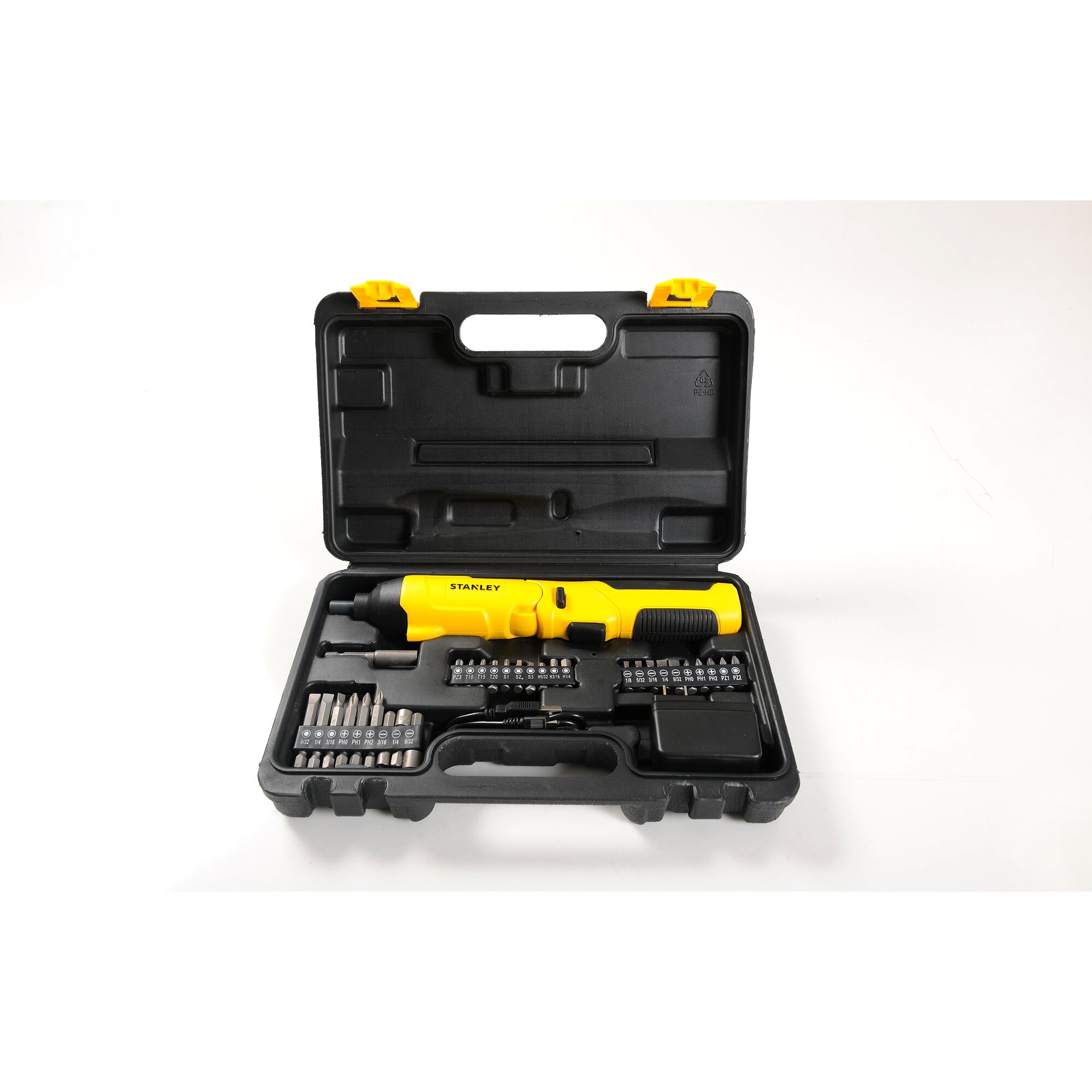 STANLEY SCS4K yellow cordless screwdriver set in black case, front angle on white background.