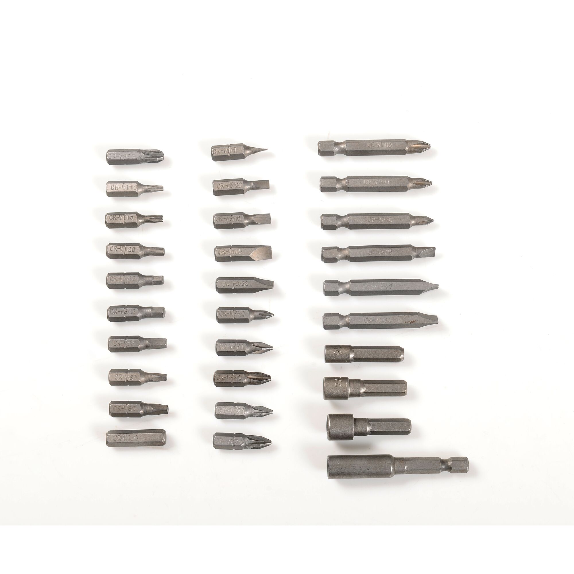 STANLEY SCS4K assorted screwdriver bits set, top-down view, showing 24 metal bits in different sizes and shapes.
