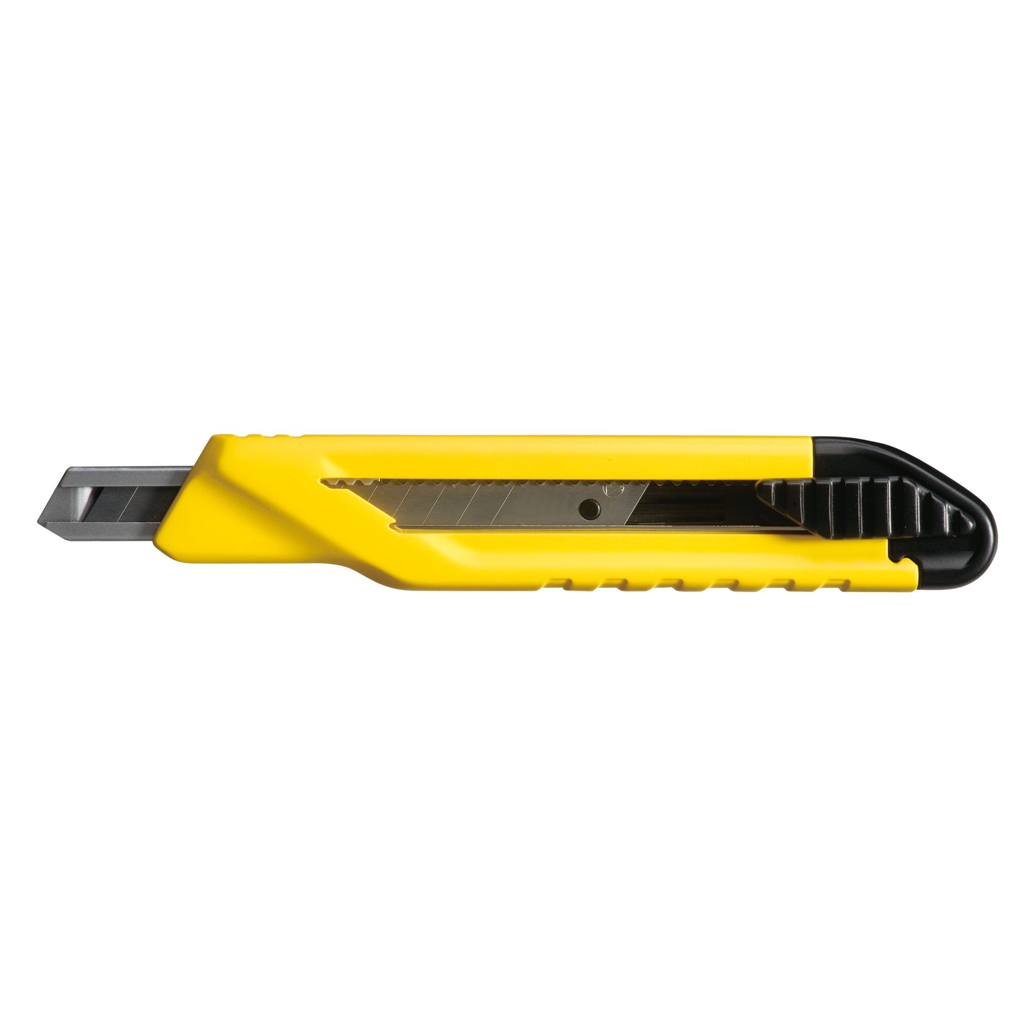STANLEY STHT10263-8 utility knife, yellow and black plastic body, side view on white background.