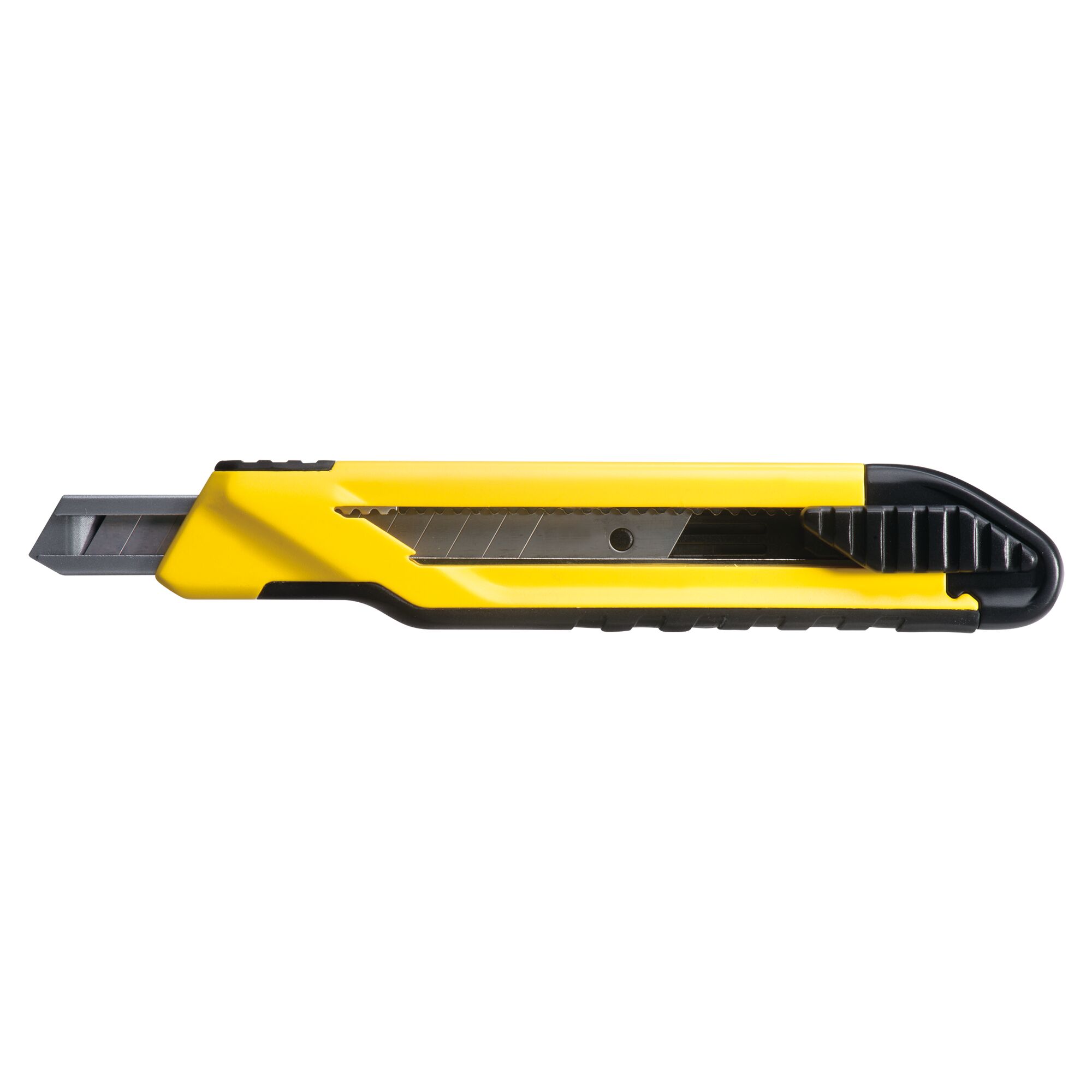 STANLEY STHT10264-8 yellow and black snap-off utility knife, side angle on white background.