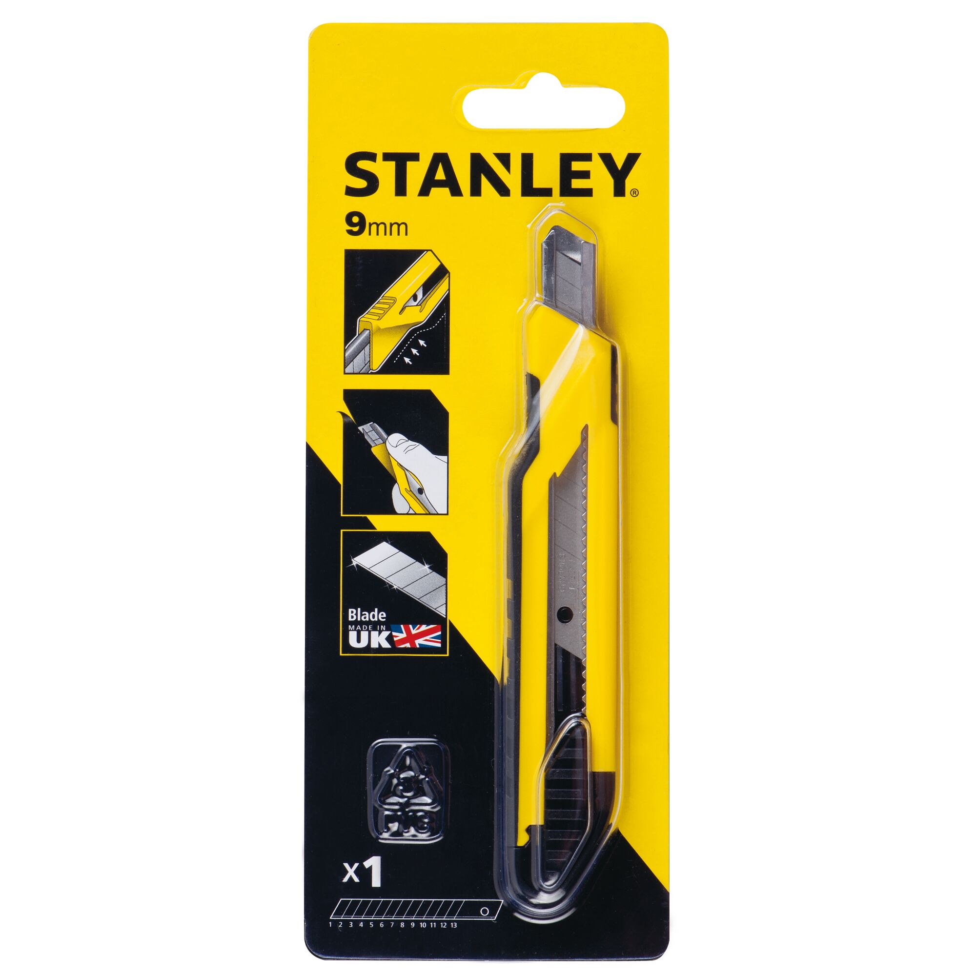STANLEY STHT10264-8 utility knife 9mm in yellow and black, blister pack, front angle.