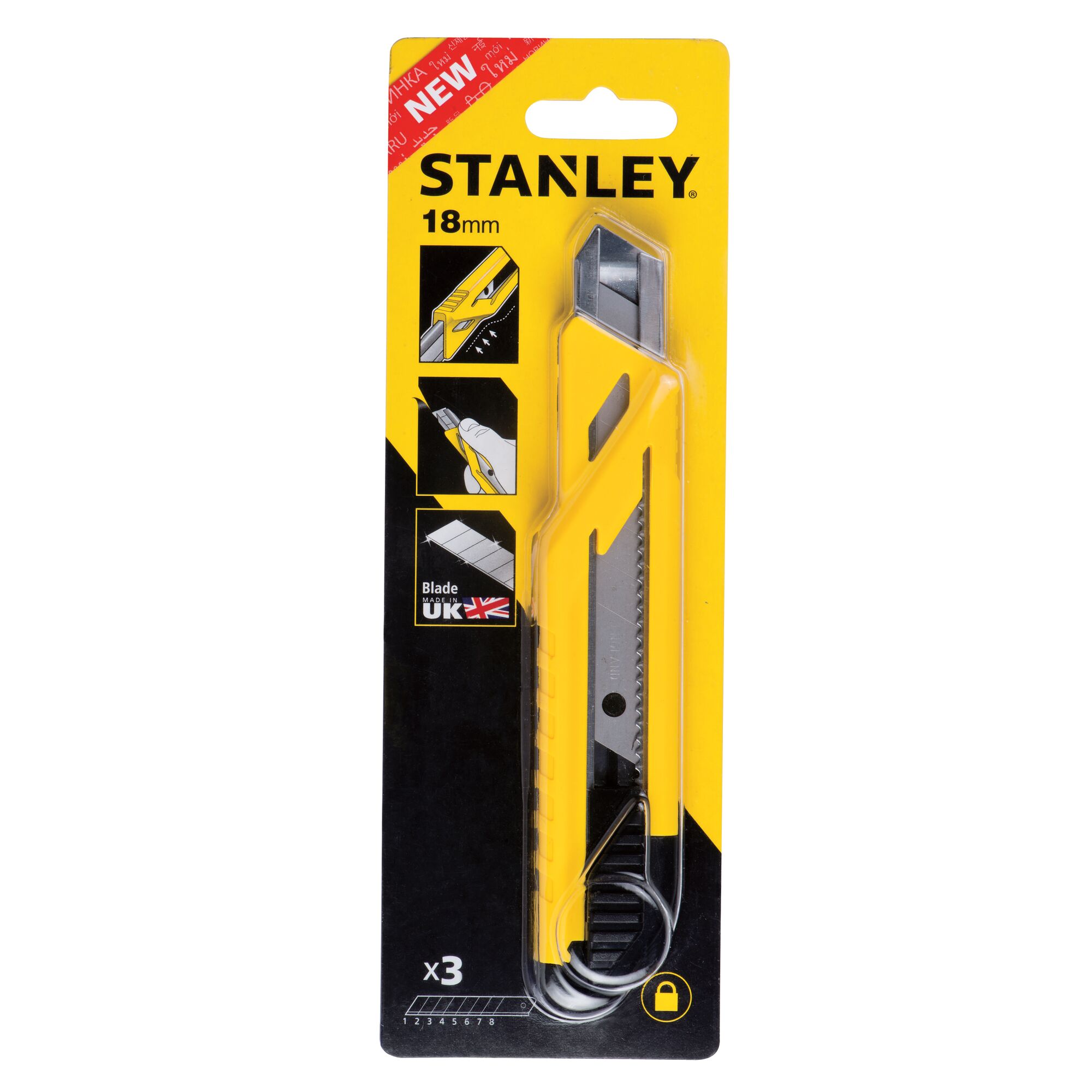 STANLEY STHT10265-8 yellow utility knife in packaging, 18mm blade, photo from front on white background.