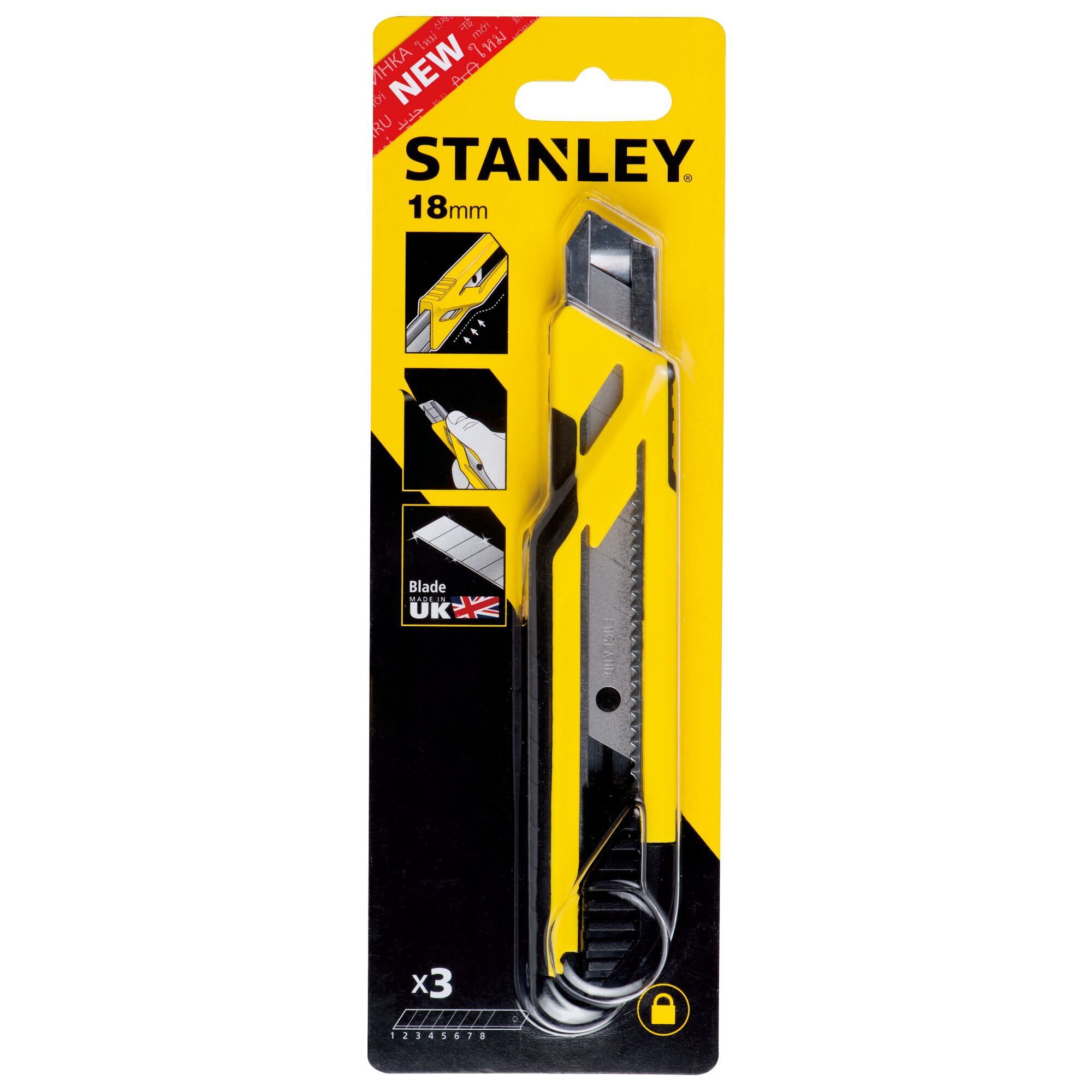 STANLEY STHT10266-8-KR utility knife, 18mm blade, yellow and black, front view on white background.