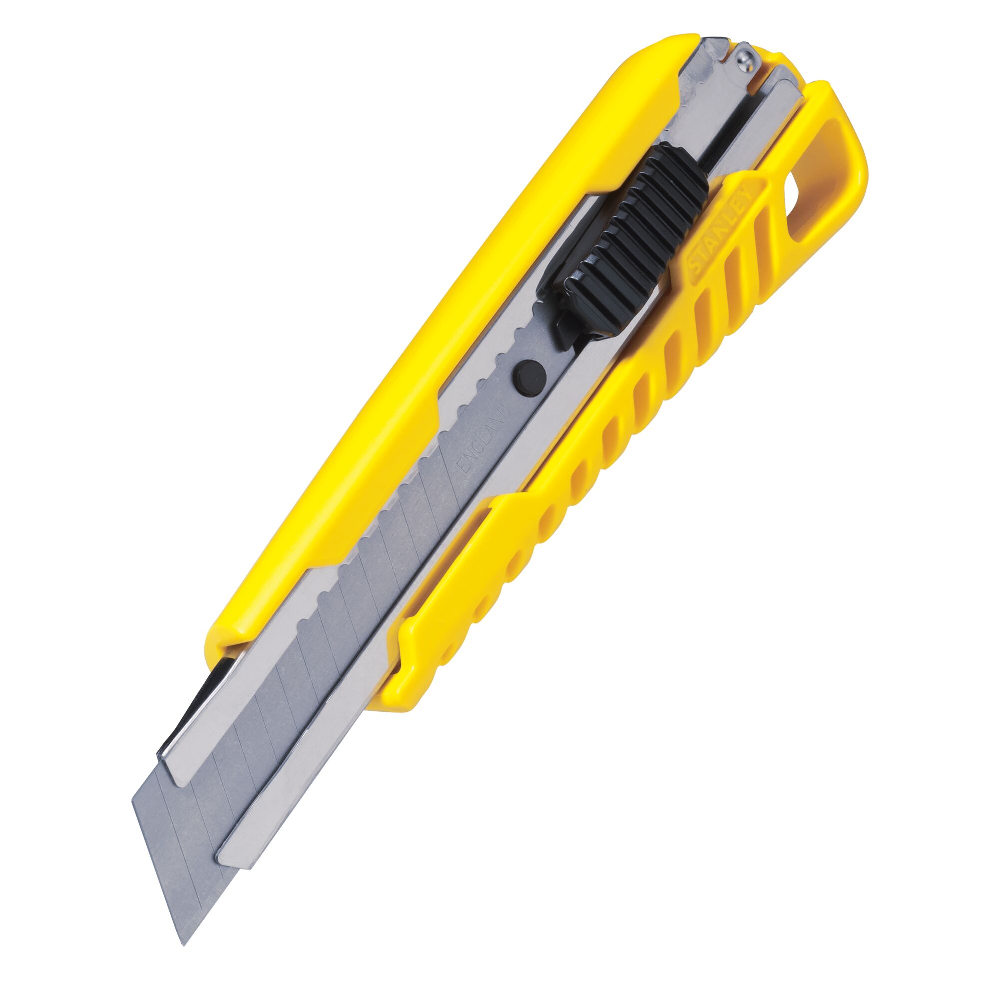 STANLEY STHT10276-8 utility knife with yellow plastic body, segmented retractable blade, side view, white background.