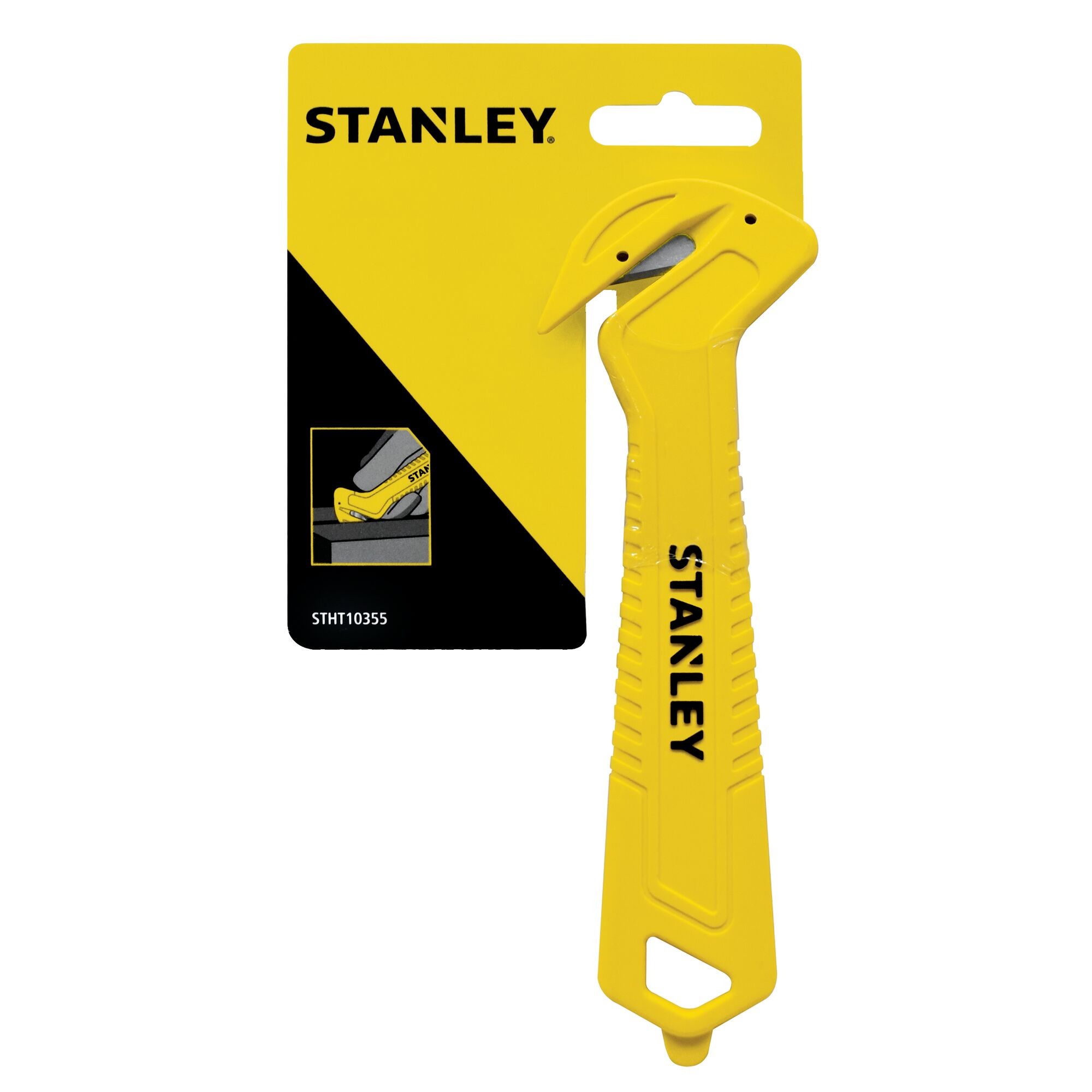 Photo of STANLEY STHT10355 yellow safety utility knife in retail packaging, front angle on white background.