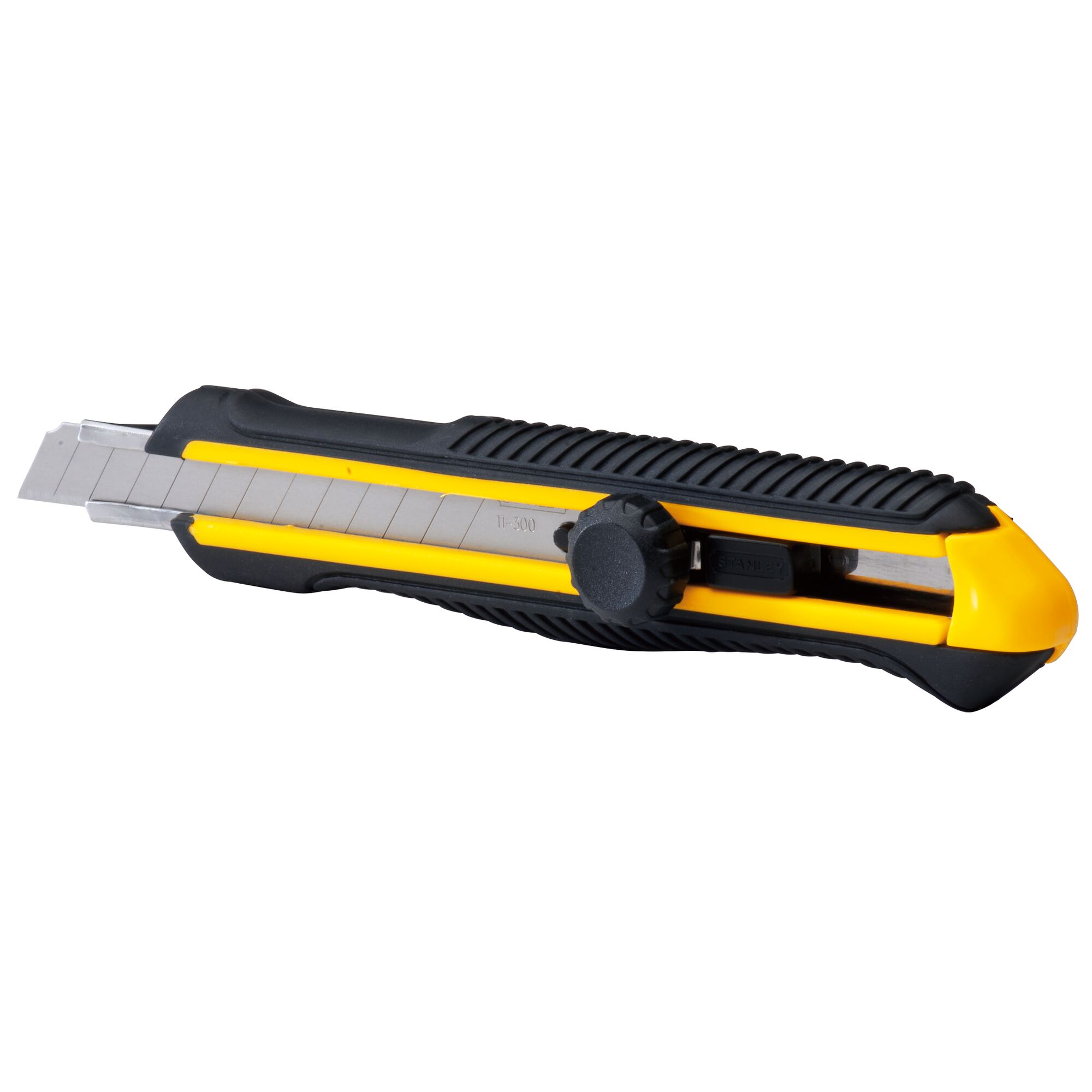 Photo of STANLEY STHT10409-8 utility knife, black and yellow handle, side view, segmented snap-off blade.