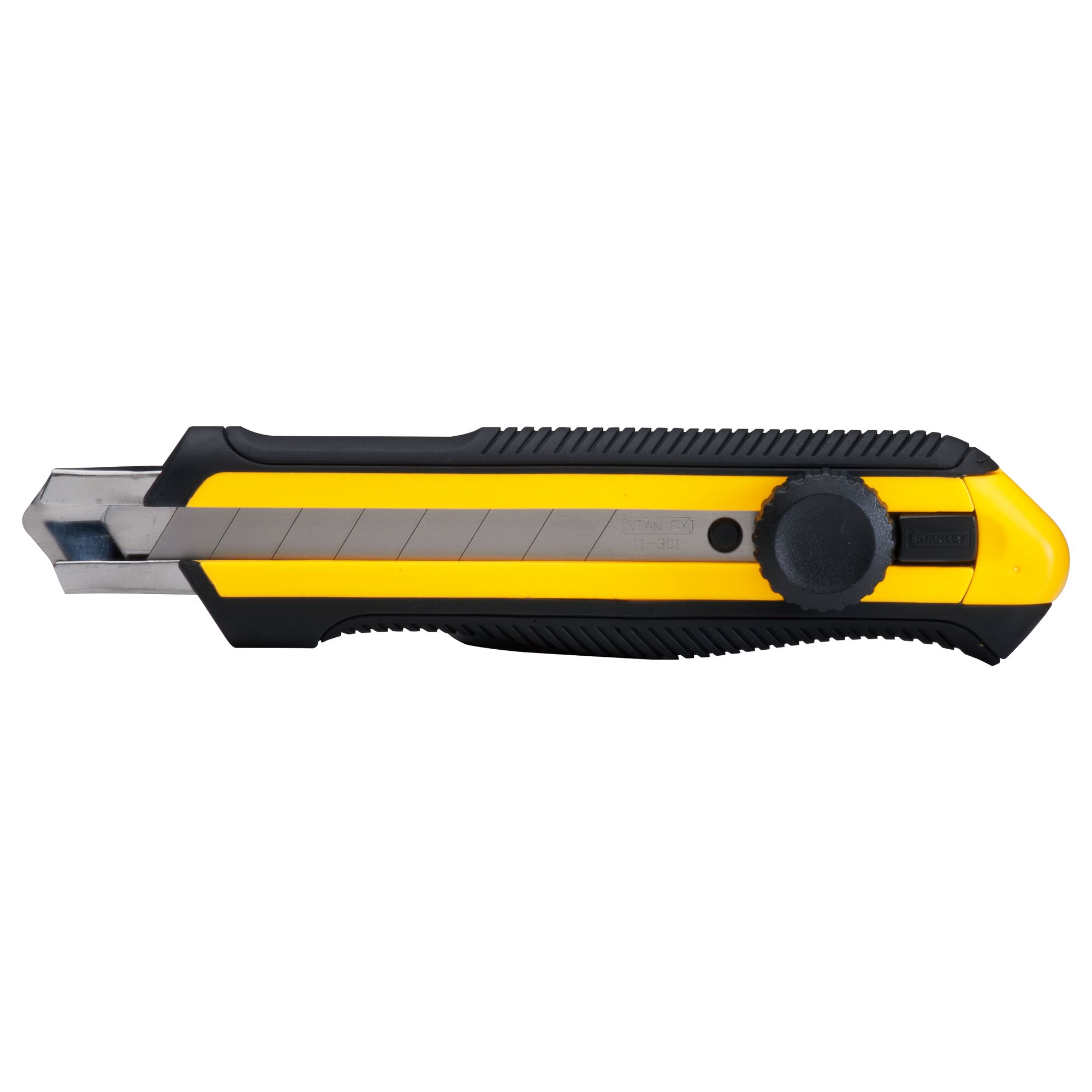 STANLEY STHT10418-8 utility knife with yellow and black handle, side view, silver segmented blade extended.