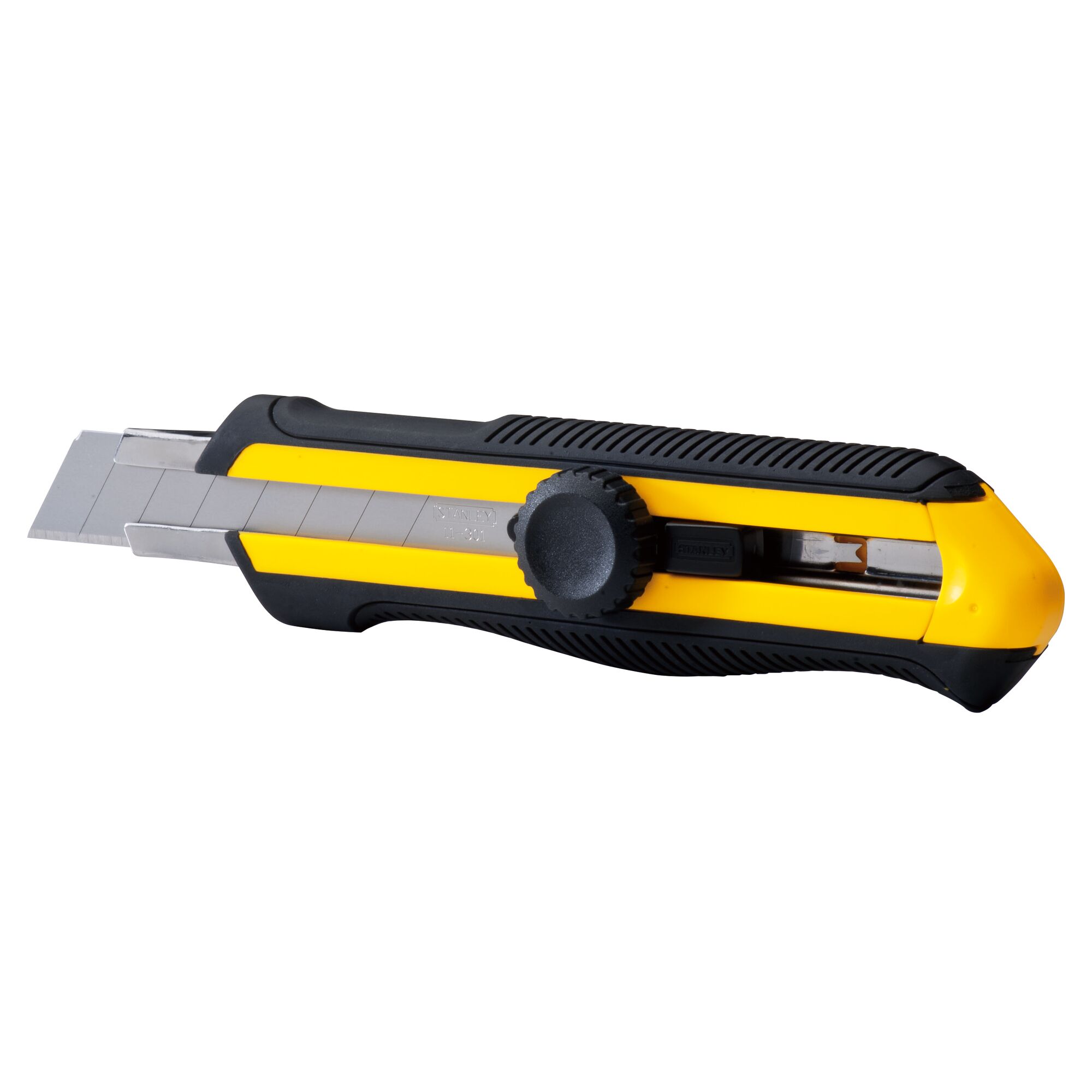 STANLEY STHT10418-8 utility knife with segmented blade, yellow and black, side view on white background.