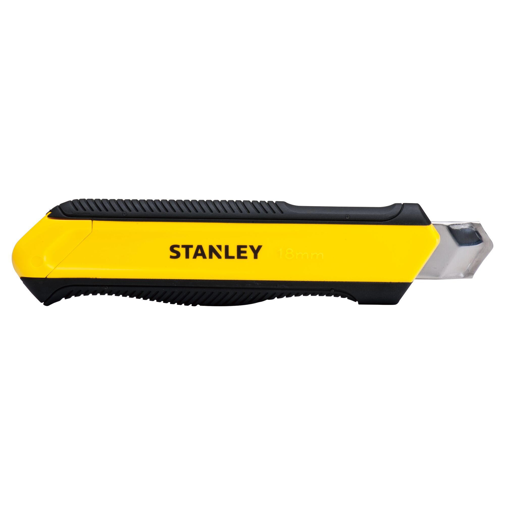 STANLEY STHT10418-8 yellow and black utility knife, side view, with 18mm blade, on white background.