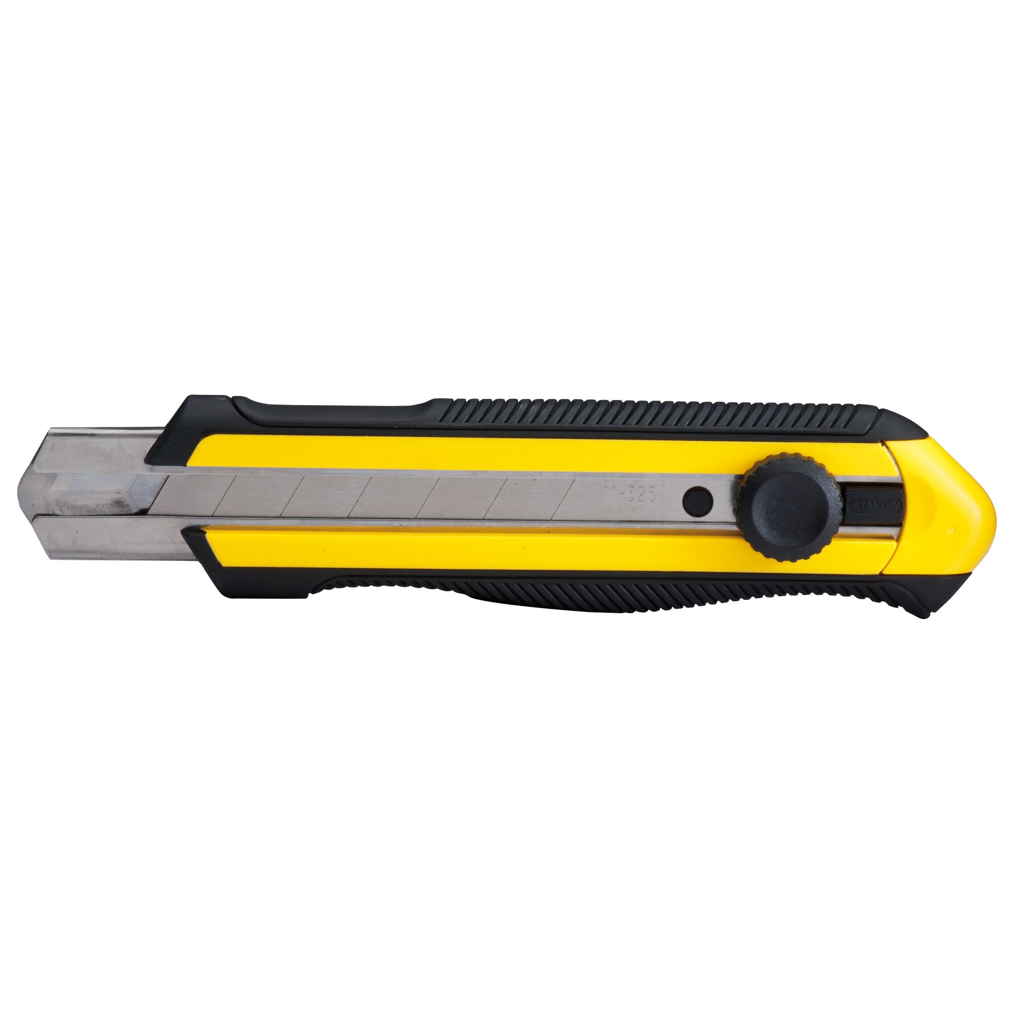 Photo of STANLEY STHT10425-8 yellow and black utility knife, side view, with segmented retractable blade.