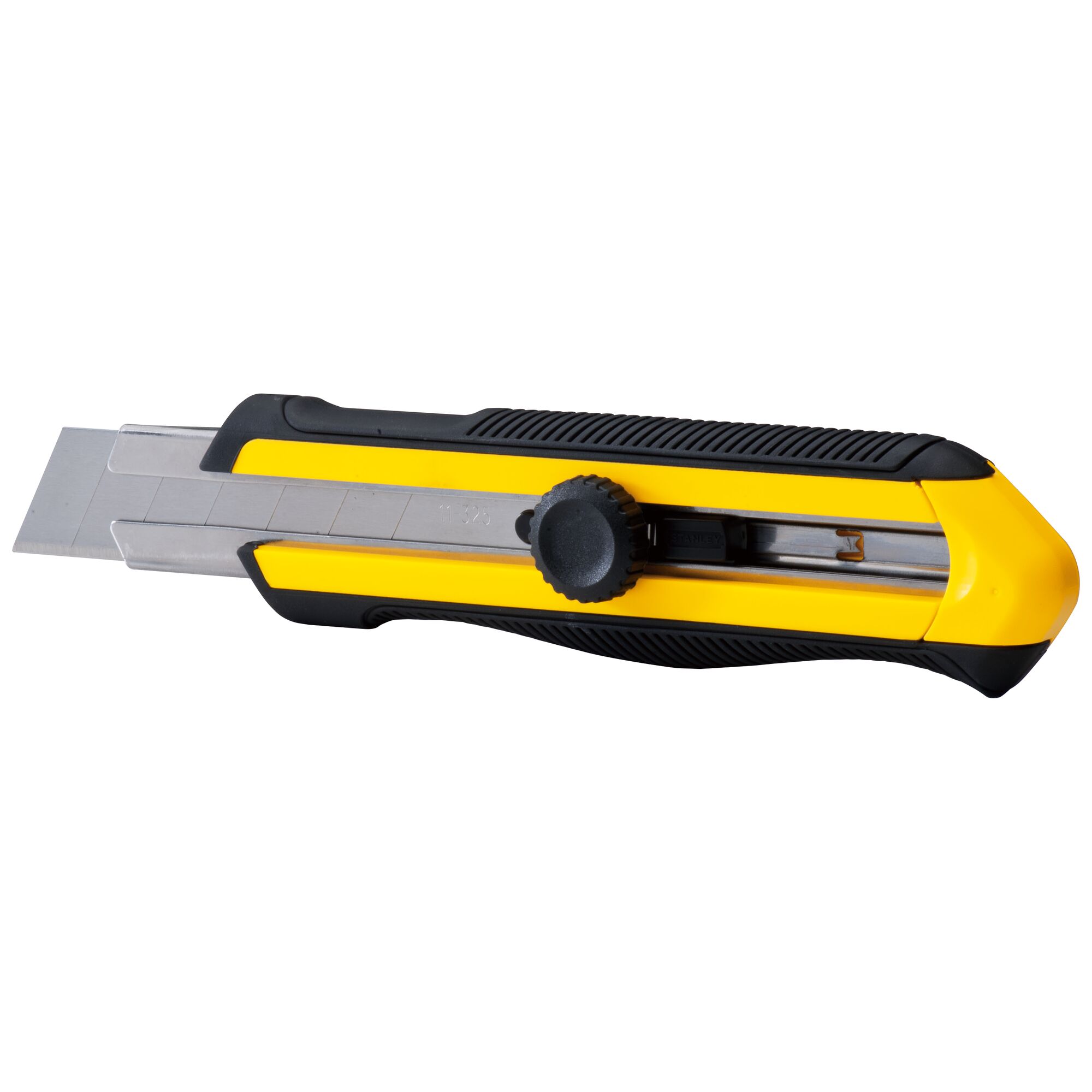 STANLEY STHT10425-8 utility knife with yellow and black body, silver extendable blade, side view.