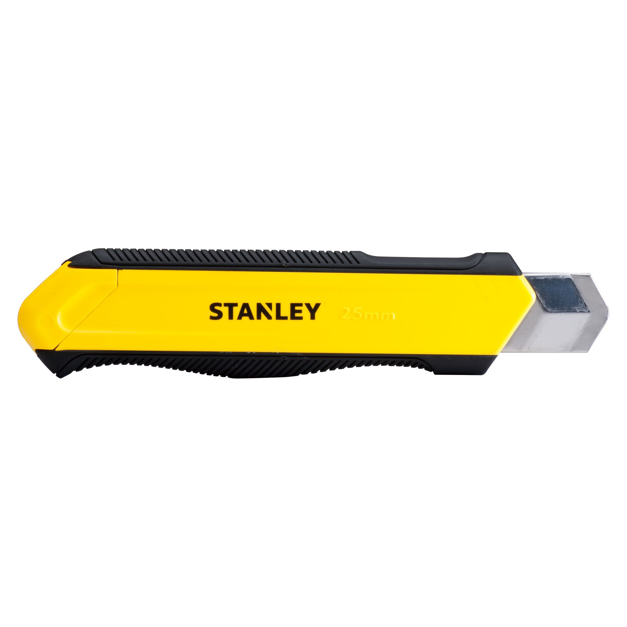 Photo of STANLEY STHT10425-8 utility knife, yellow and black, side view, with retractable segmented blade.