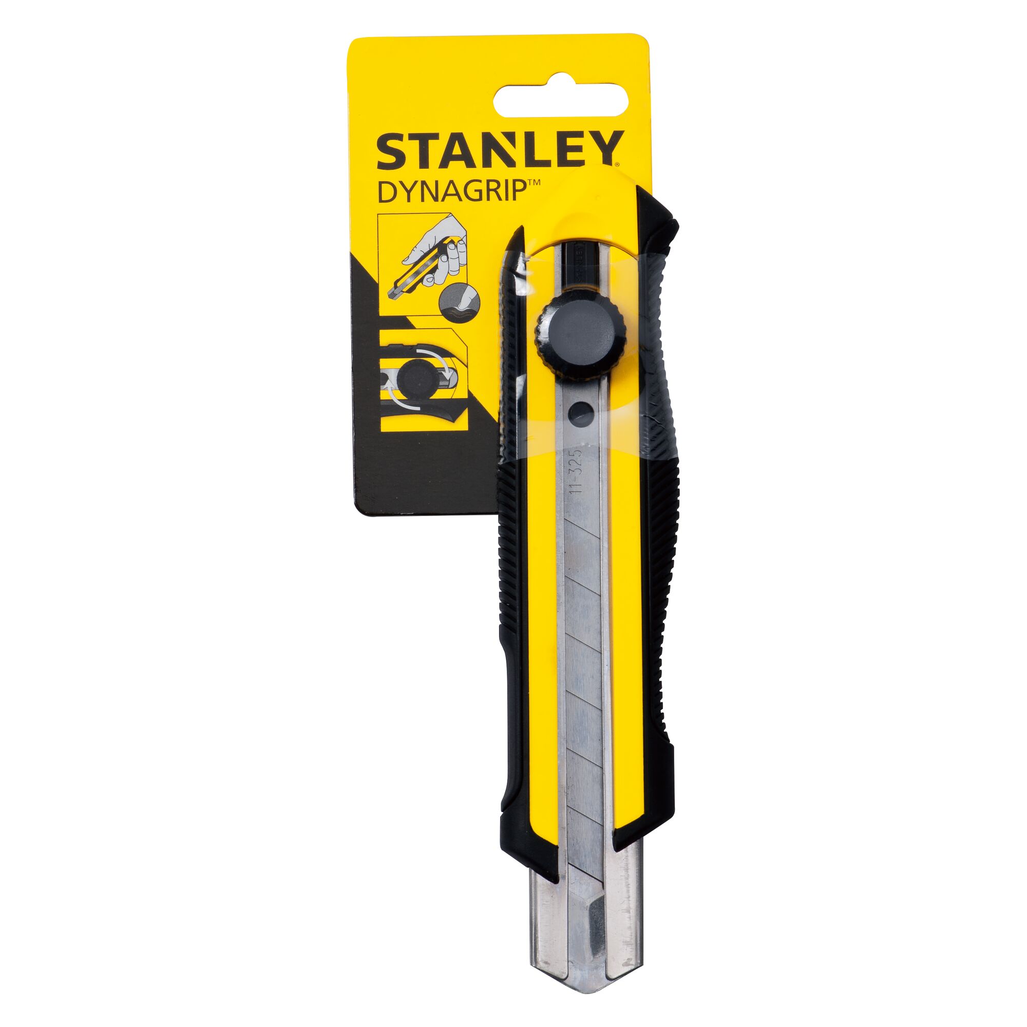 Stanley STHT10425-8 utility knife with Dynagrip handle, front view, yellow and black, in packaging.