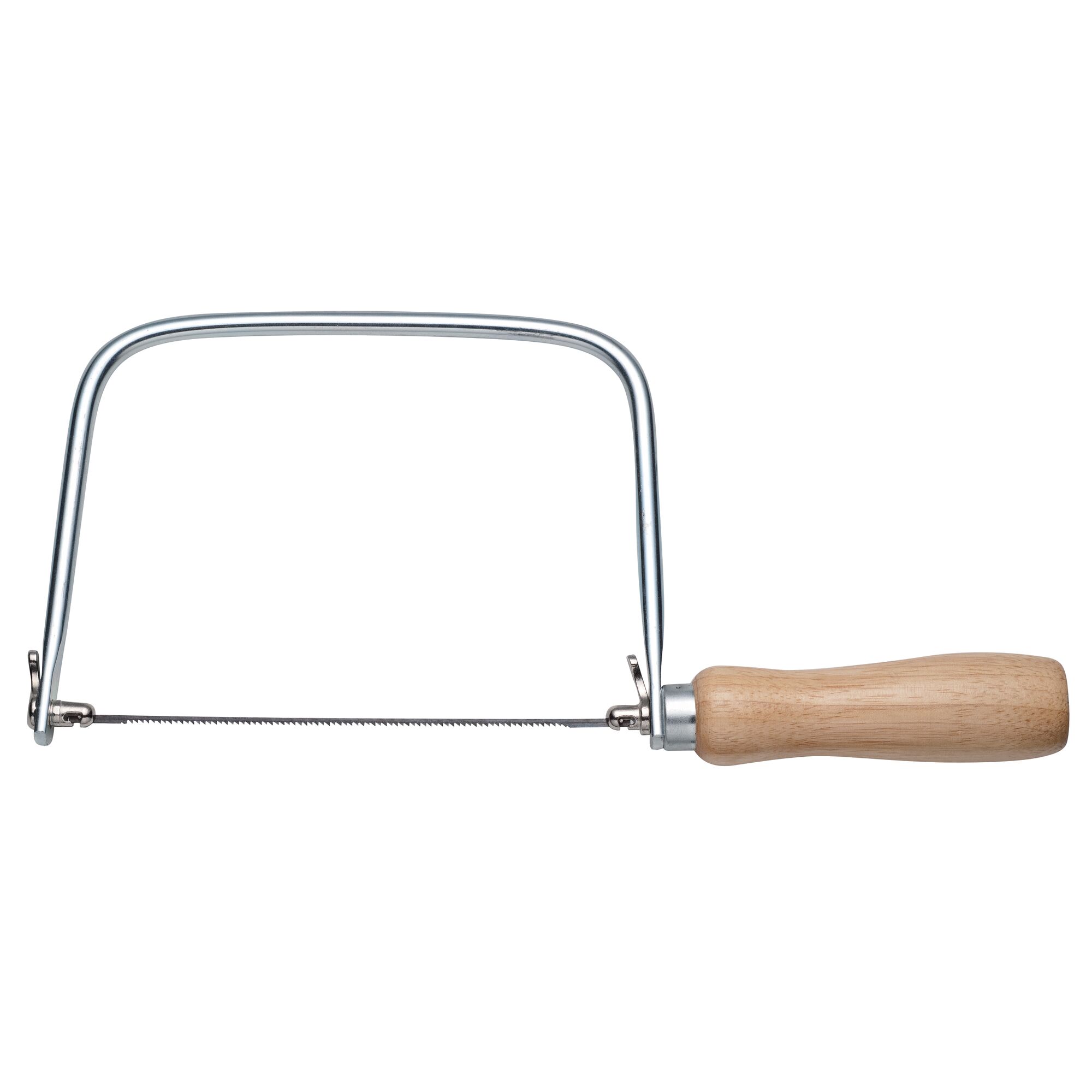 Photo of STANLEY STHT15104-8-KR coping saw with metal frame and wooden handle, side angle on white background.