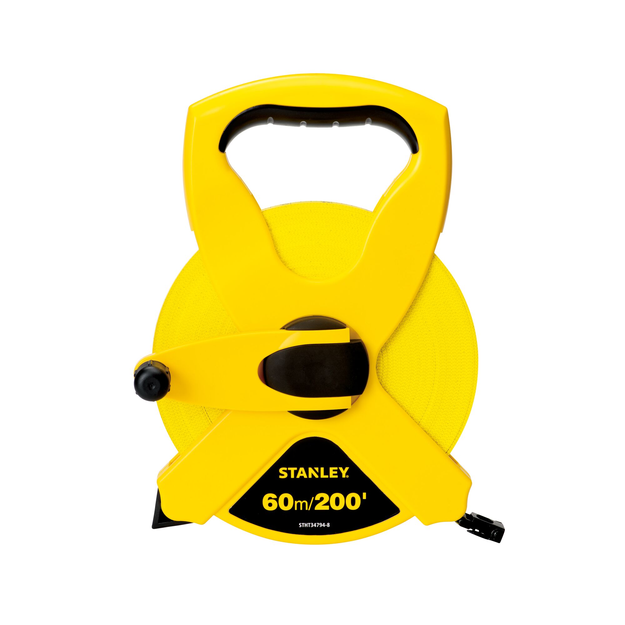 Photo of STANLEY STHT34794-8 yellow 60m/200' open reel tape measure, front angle, product photography.