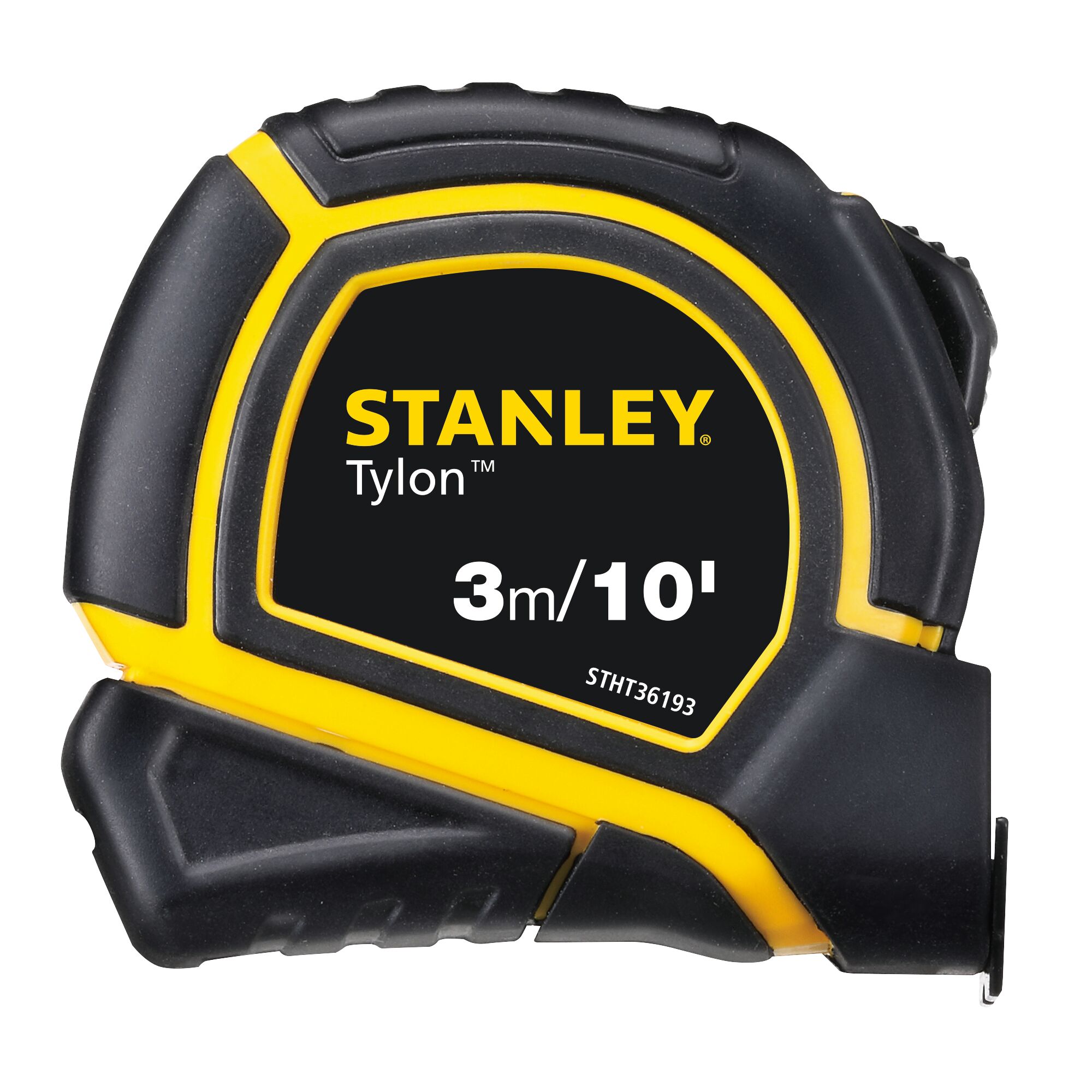 STANLEY STHT36193 tape measure, 3m/10ft, black and yellow casing, front angle, photography.