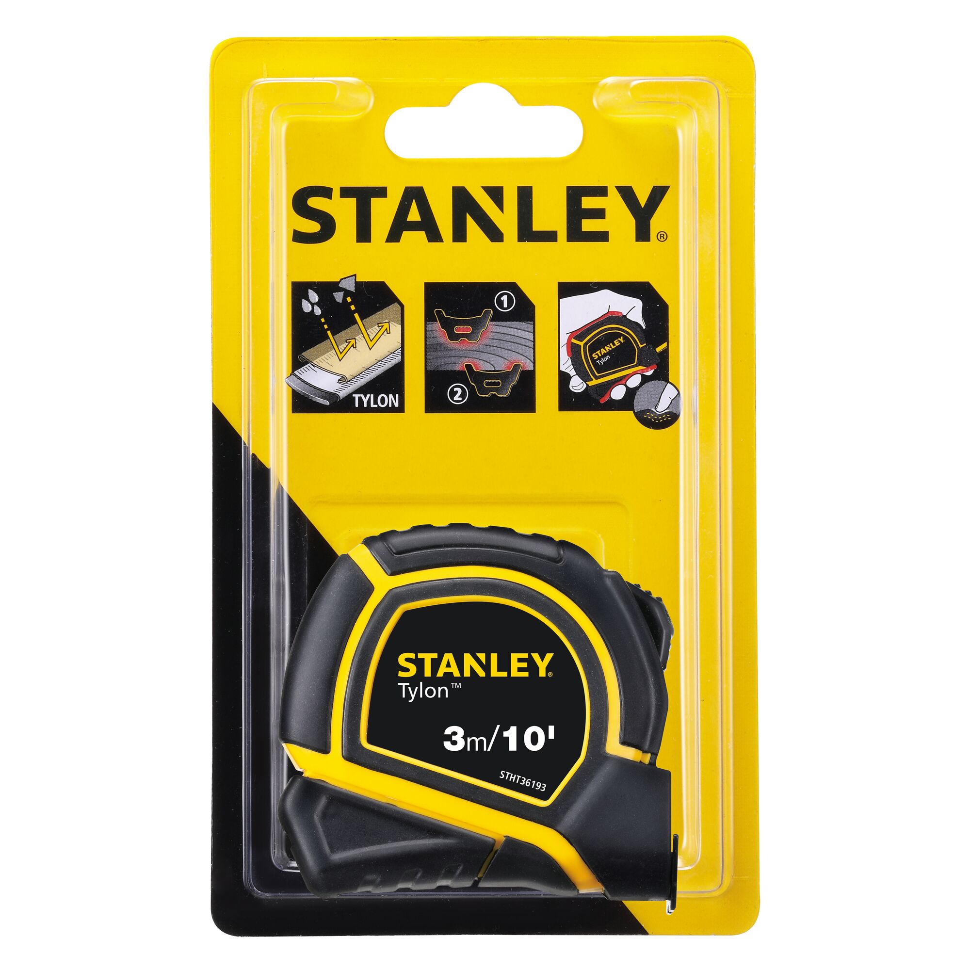 Stanley STHT36193 tape measure, 3m/10ft, black and yellow, front view in retail packaging.